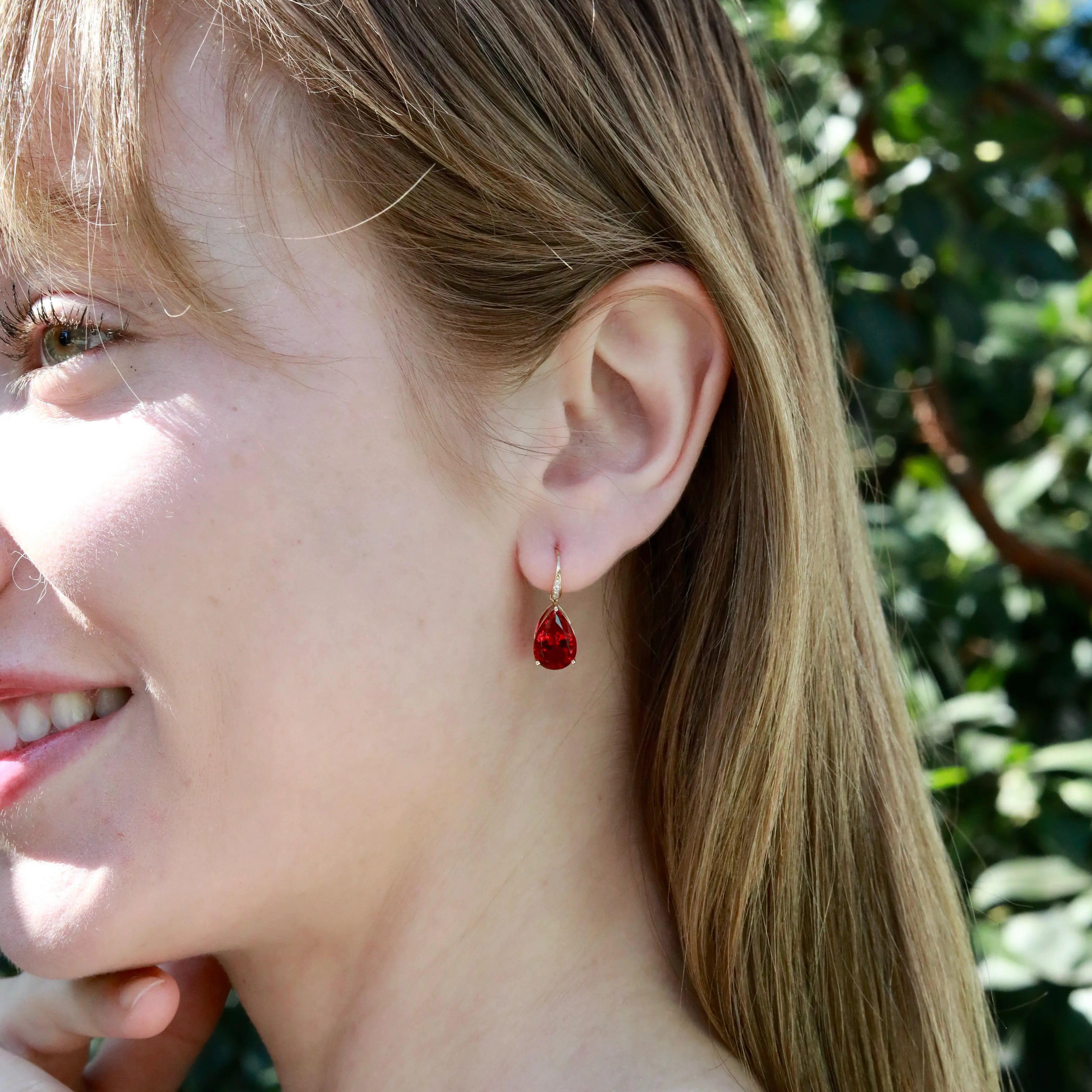 Radiant Pear 7.45ctw Lab-Grown Ruby Diamond Drop Earrings 14k gold