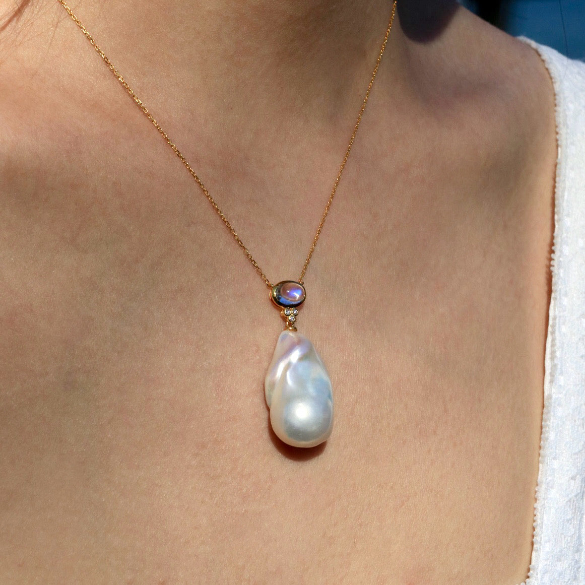 Ayla Oval Moonstone Diamond Baroque Pearl Necklace