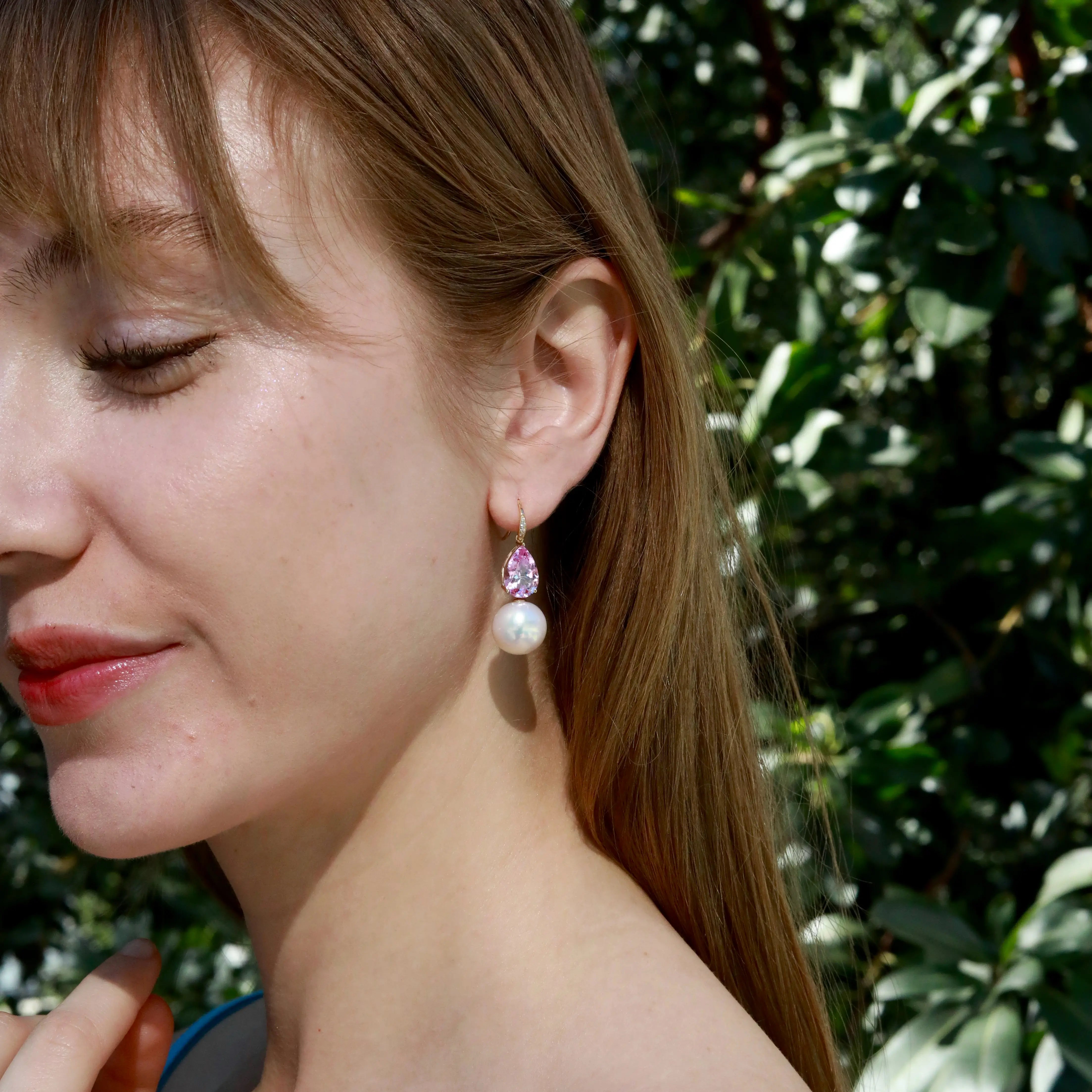 Radiant Pear 8.05ctw Lab-Grown Pink Sapphire & Diamond with Freshwater Pearls Drop Earrings 14k solid gold