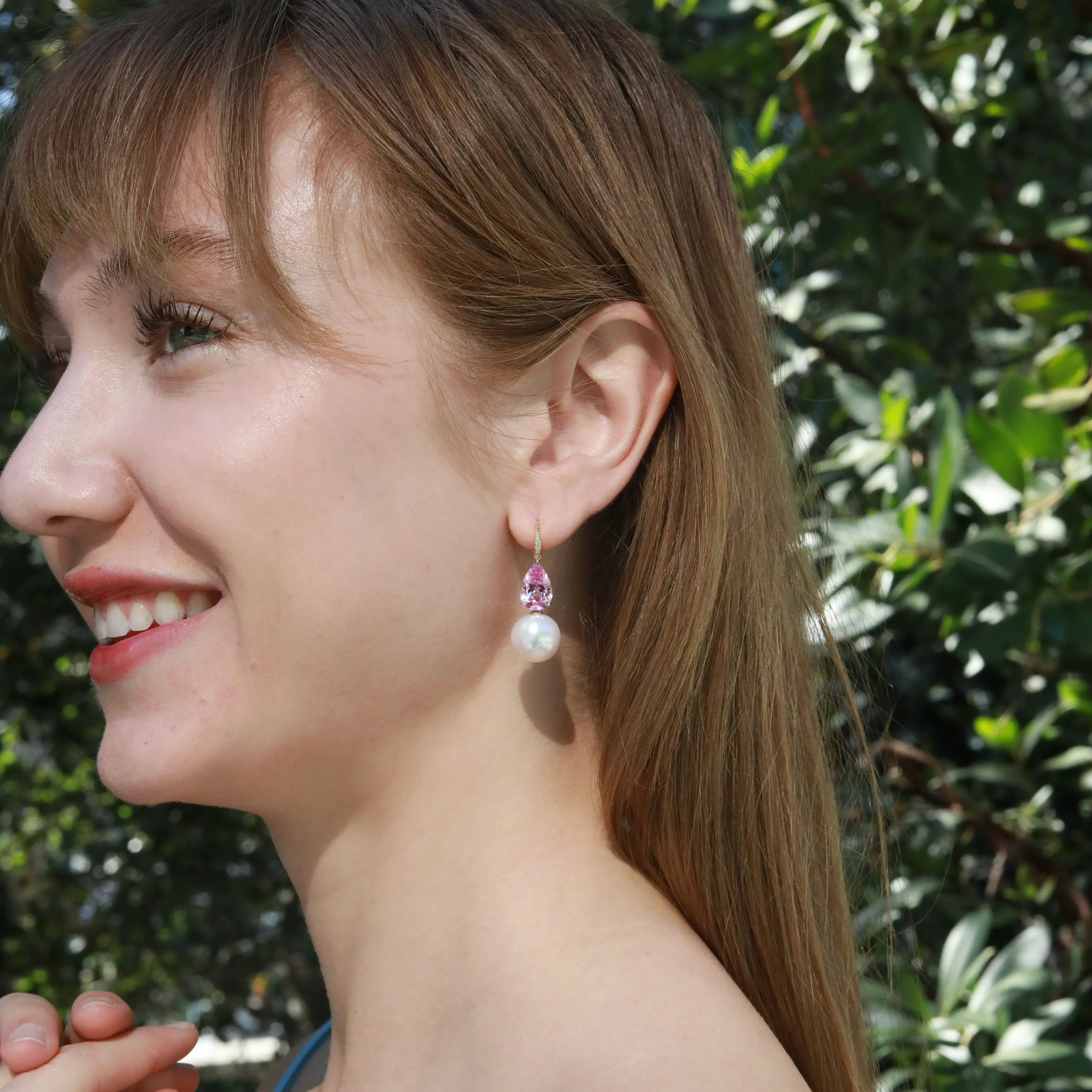 Radiant Pear 8.05ctw Lab-Grown Pink Sapphire & Diamond with Freshwater Pearls Drop Earrings 14k solid gold