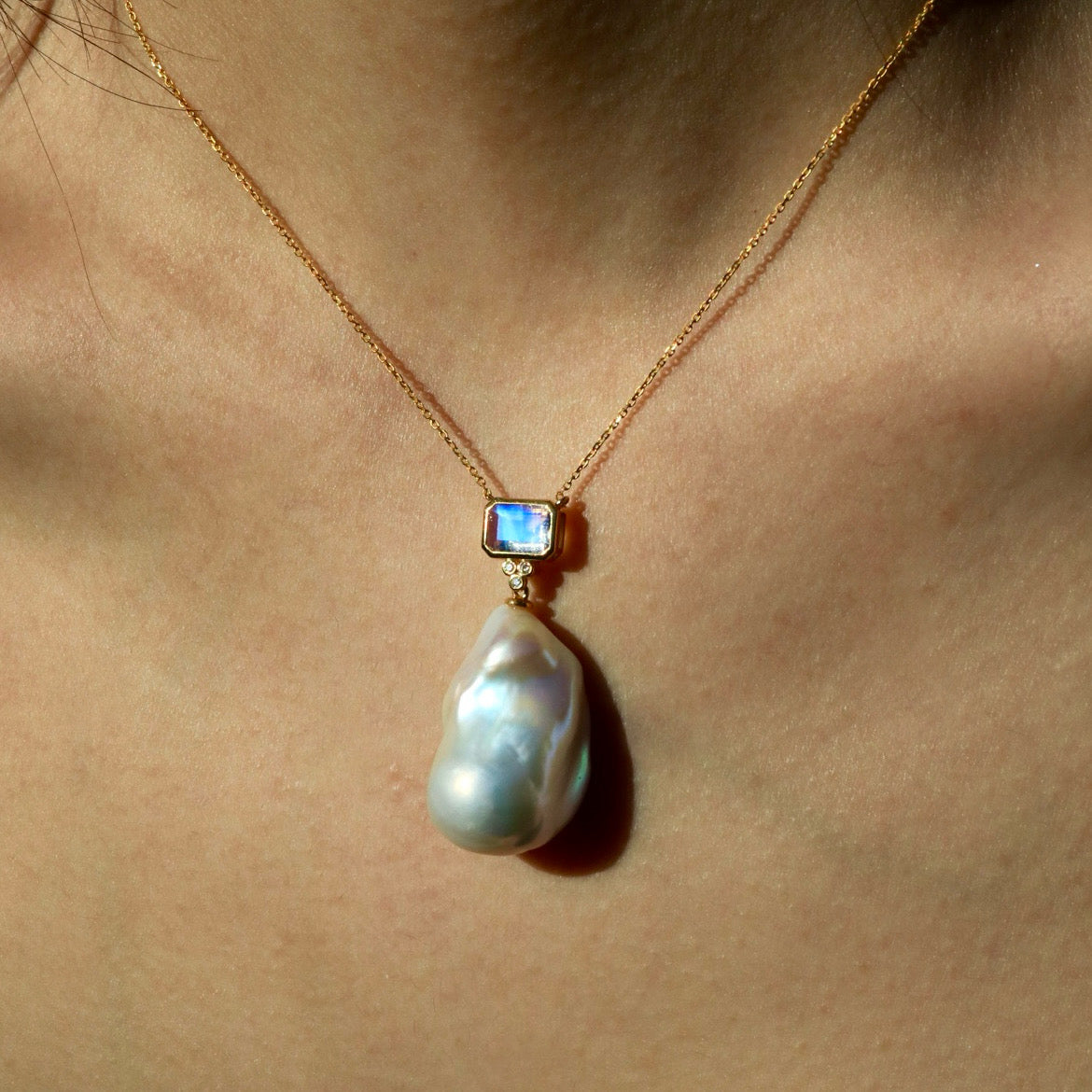 Ayla Emerald-Cut Moonstone Diamond Baroque Pearl Necklace