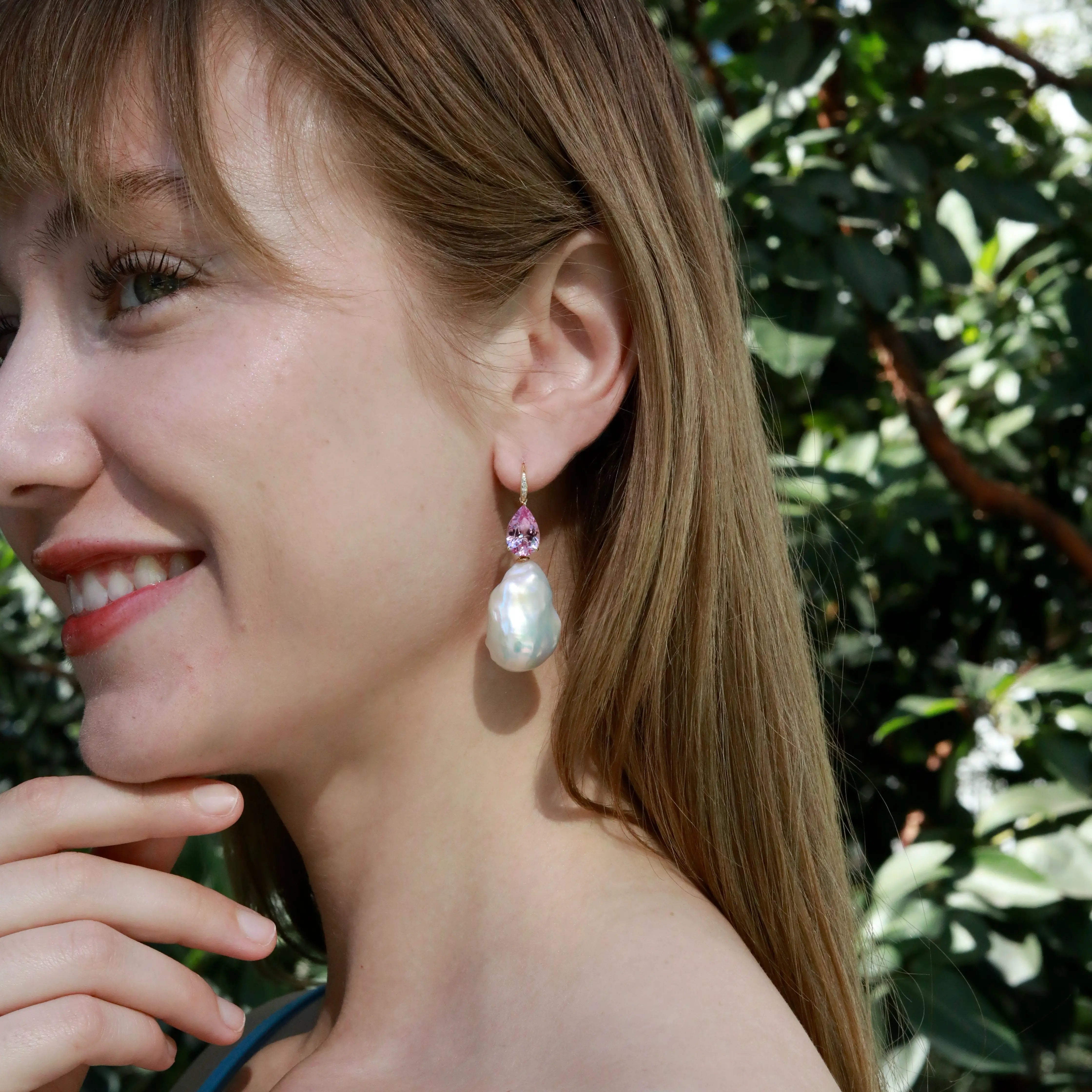 Radiant Pear 8.05ctw Lab-Grown Pink Sapphire & Diamond Baroque Pearls Drop Earrings 14k solid gold