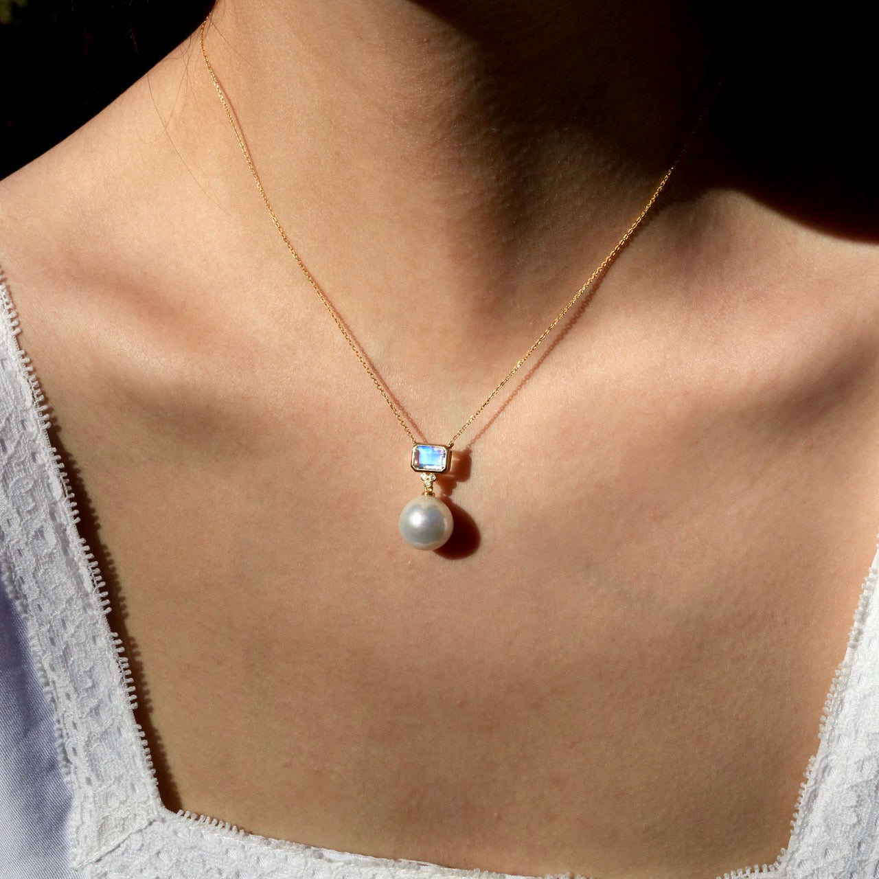 Ayla Emerald-Cut Moonstone Diamond Pearl Necklace