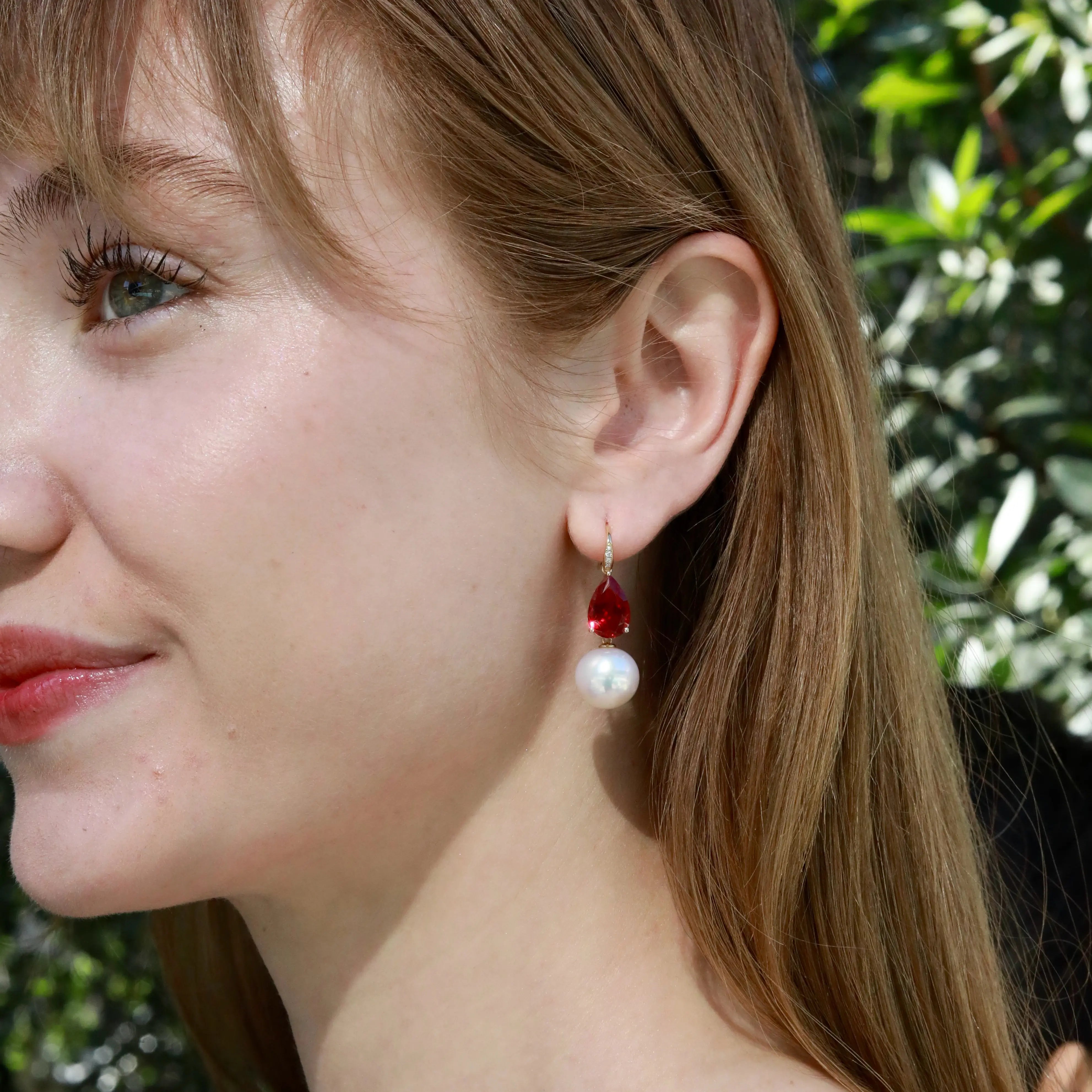 Radiant Pear 7.45ctw Lab-Grown Ruby Diamond Cultured Round Pearls Drop Earrings 14k gold