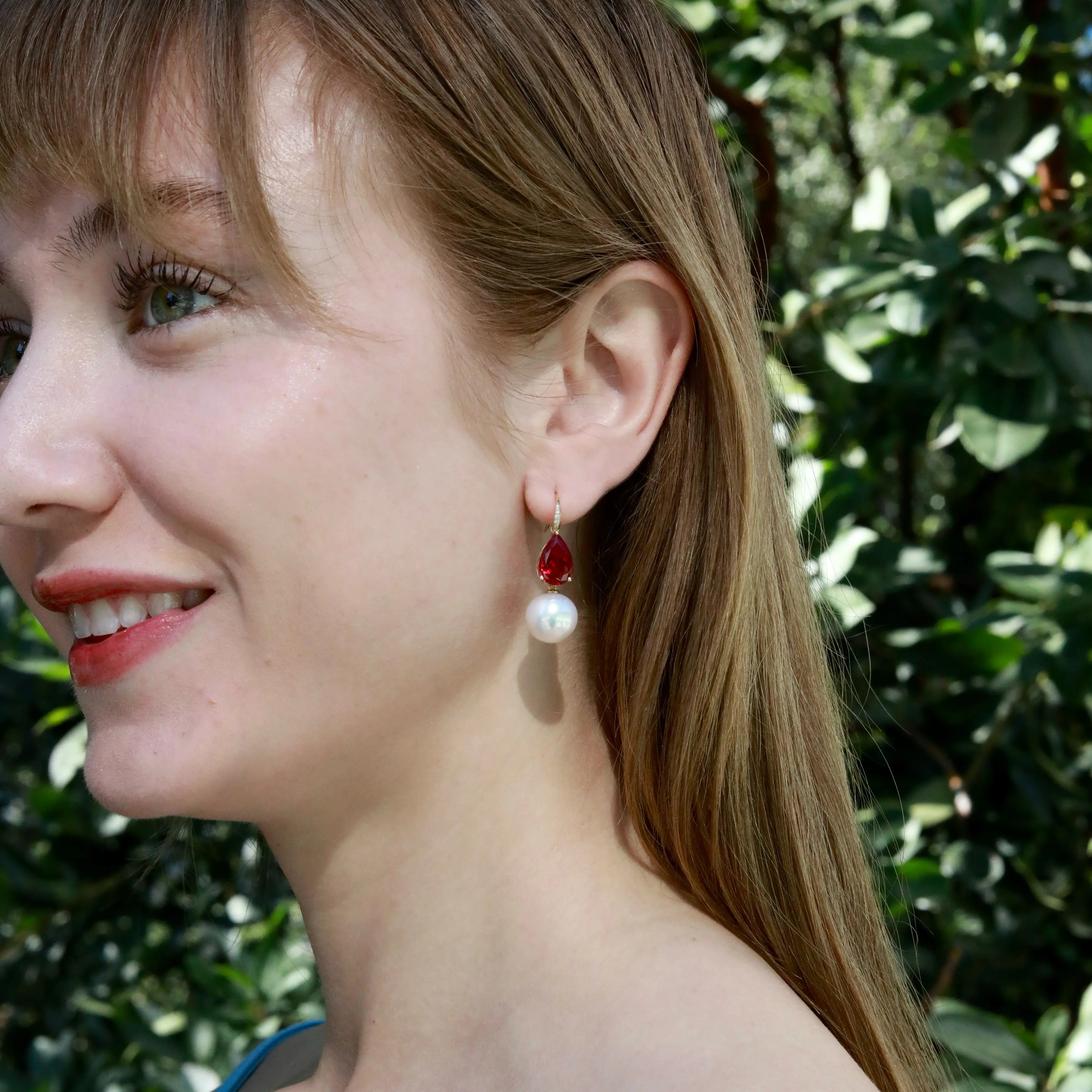 Radiant Pear 7.45ctw Lab-Grown Ruby Diamond Cultured Round Pearls Drop Earrings 14k gold