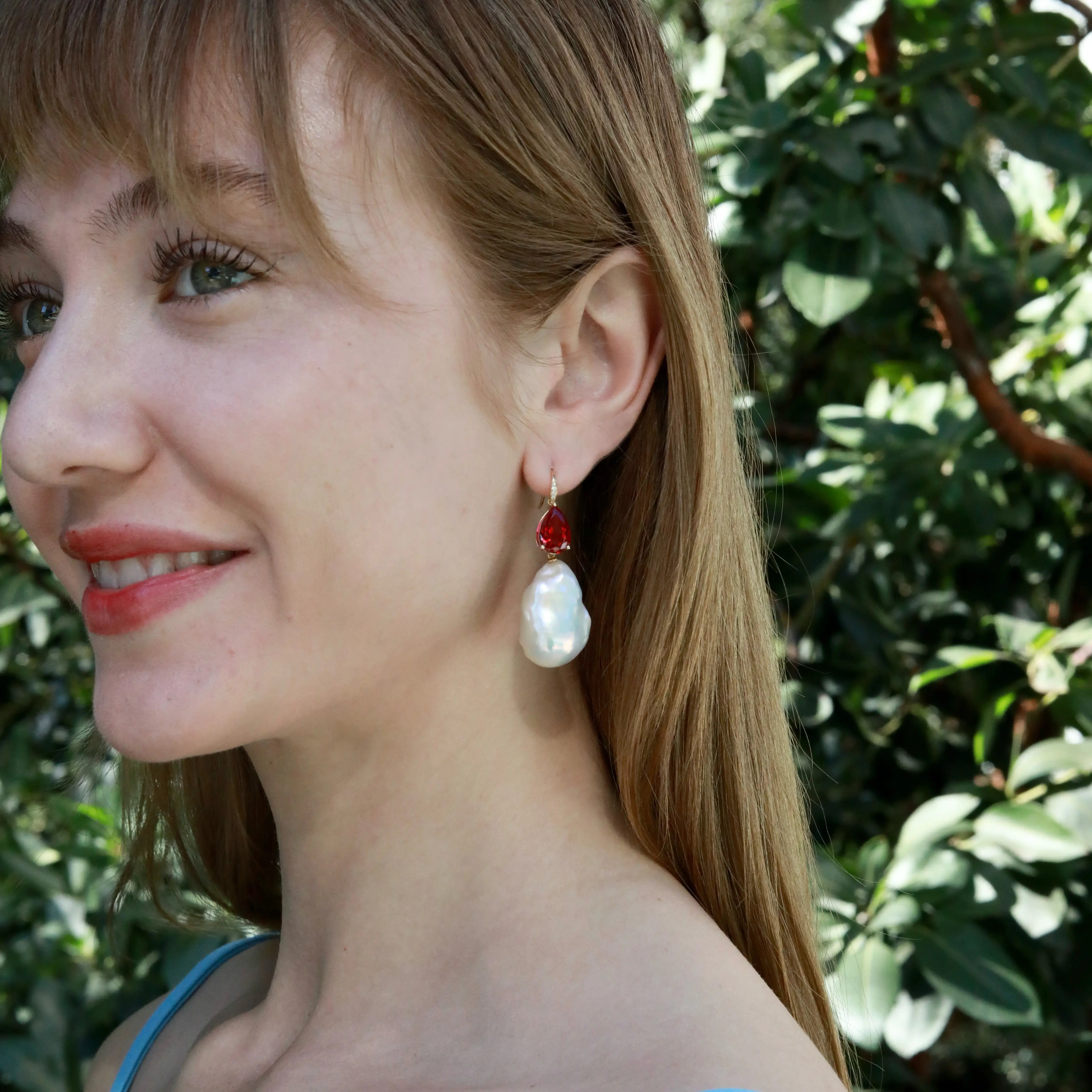 Radiant Pear 7.45ctw Lab-Grown Ruby Diamond Baroque Pearls Drop Earrings 14k gold