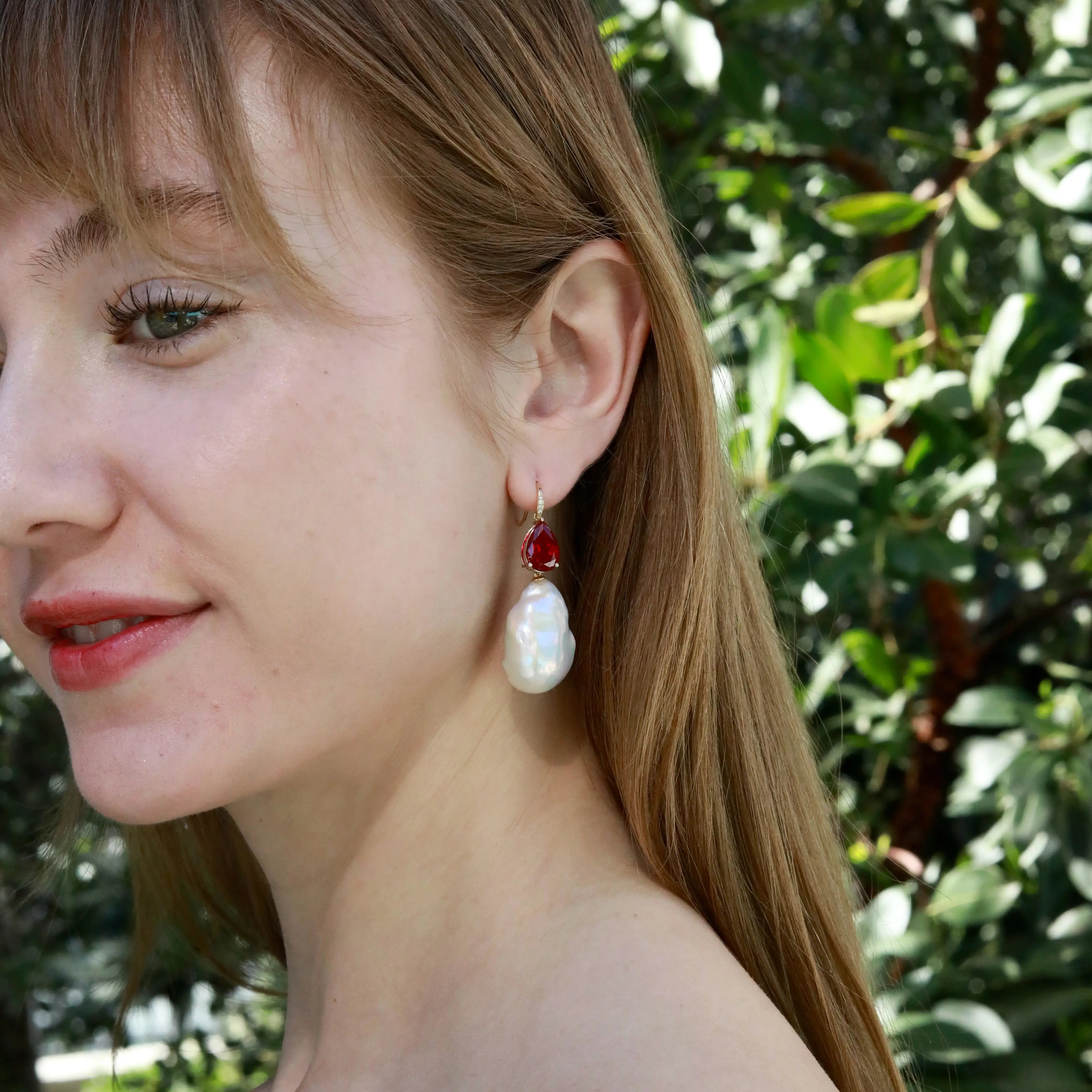 Radiant Pear 7.45ctw Lab-Grown Ruby Diamond Baroque Pearls Drop Earrings 14k gold