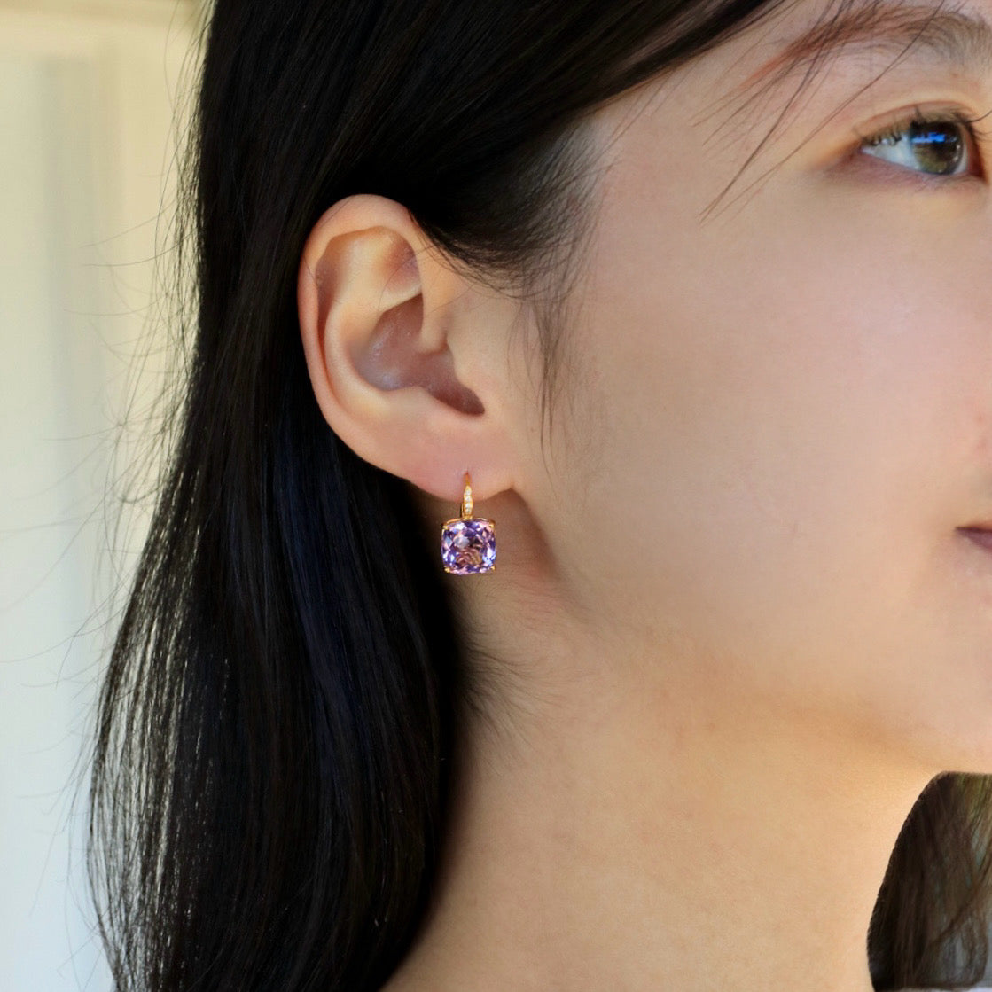 Radiant Cushion Amethyst Diamond Drop Earrings