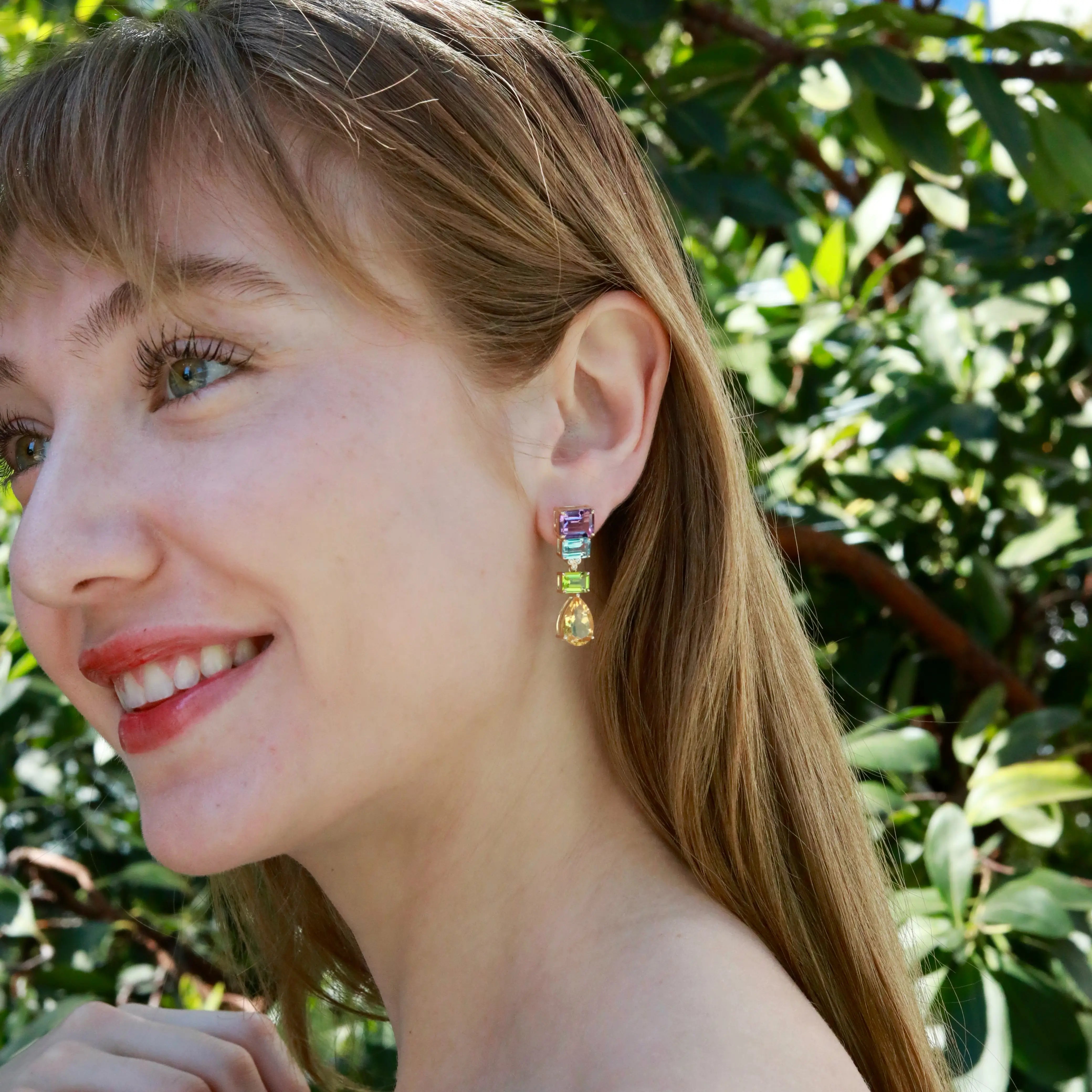 GemFusion Natural 14.45ctw Amethyst Topaz Peridot Citrine Diamond Convertible Drop Earrings in 14k yellow gold