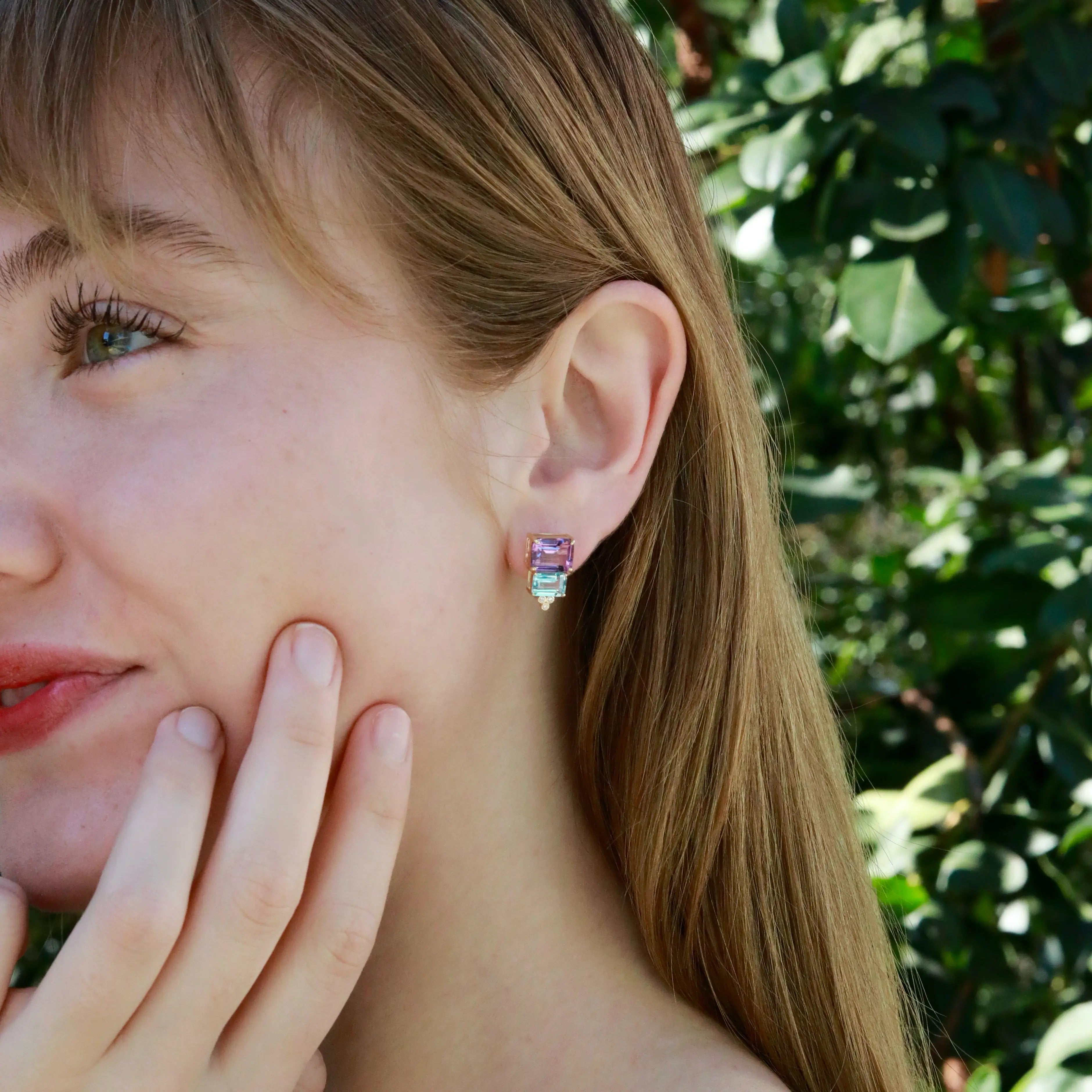 Fortune Natural Amethyst Topaz Peridot Citrine Diamond Earrings in 14k yellow gold