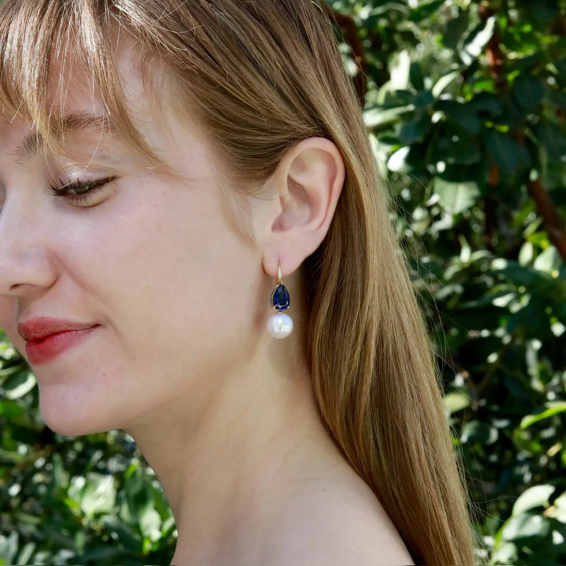 Radiant Pear 8.05ctw Lab-Grown Blue Sapphrie & Diamond Freshwater Pearls Convertible Drop Earrings in 14k gold