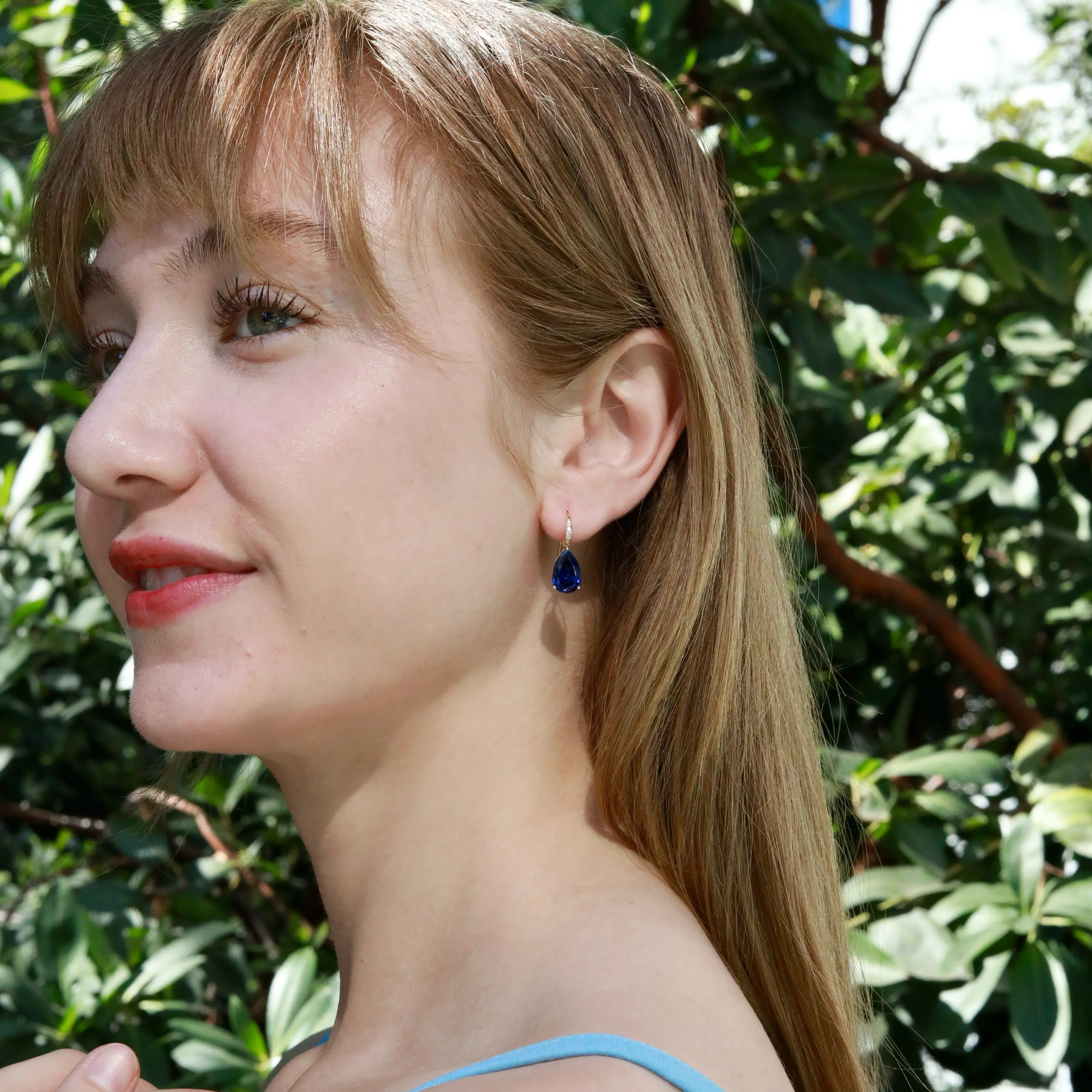 Radiant Pear 8.05ctw Lab-Grown Sapphrie & Diamond Drop Earrings in 14k gold