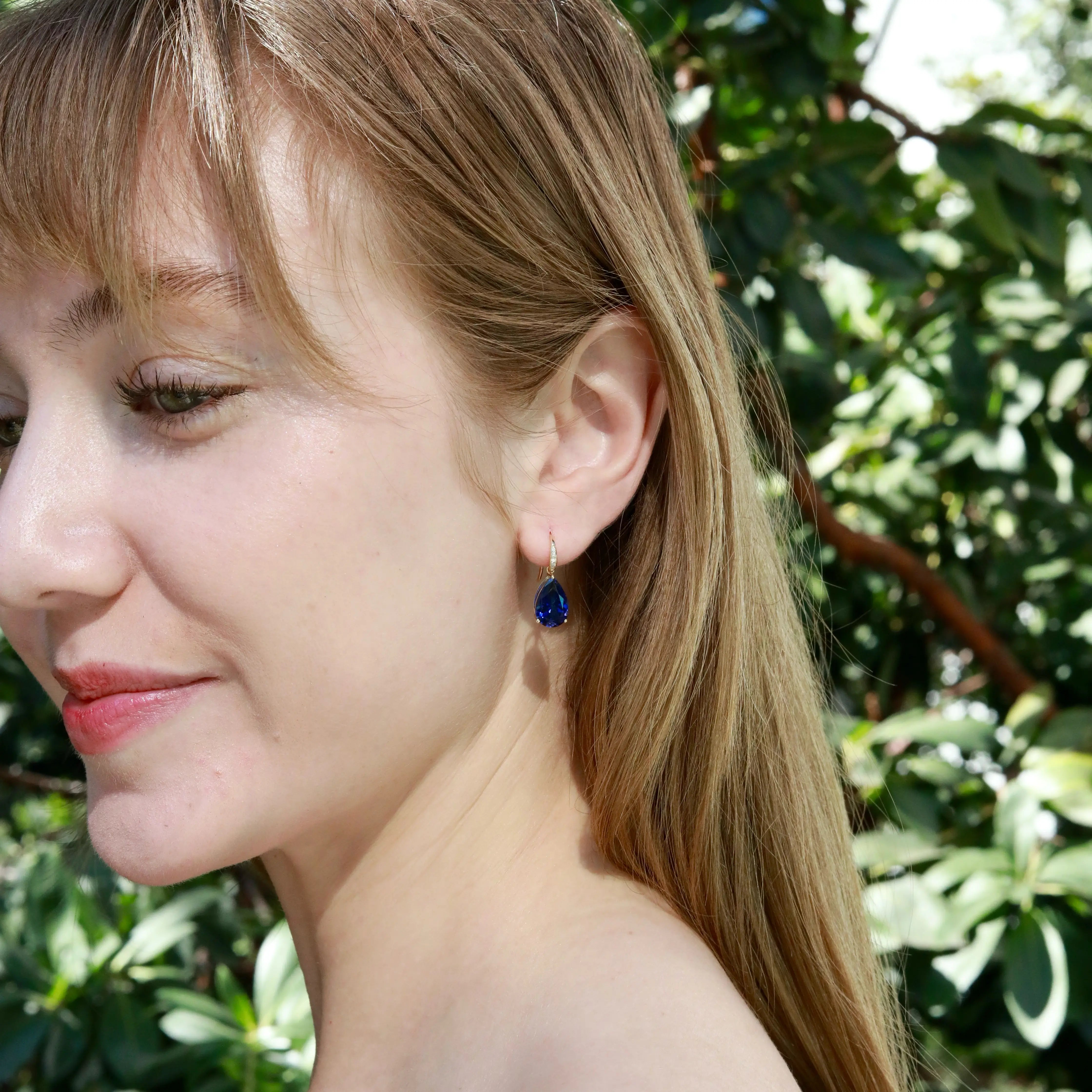 Radiant Pear 8.05ctw Lab-Grown Sapphrie & Diamond Drop Earrings in 14k gold