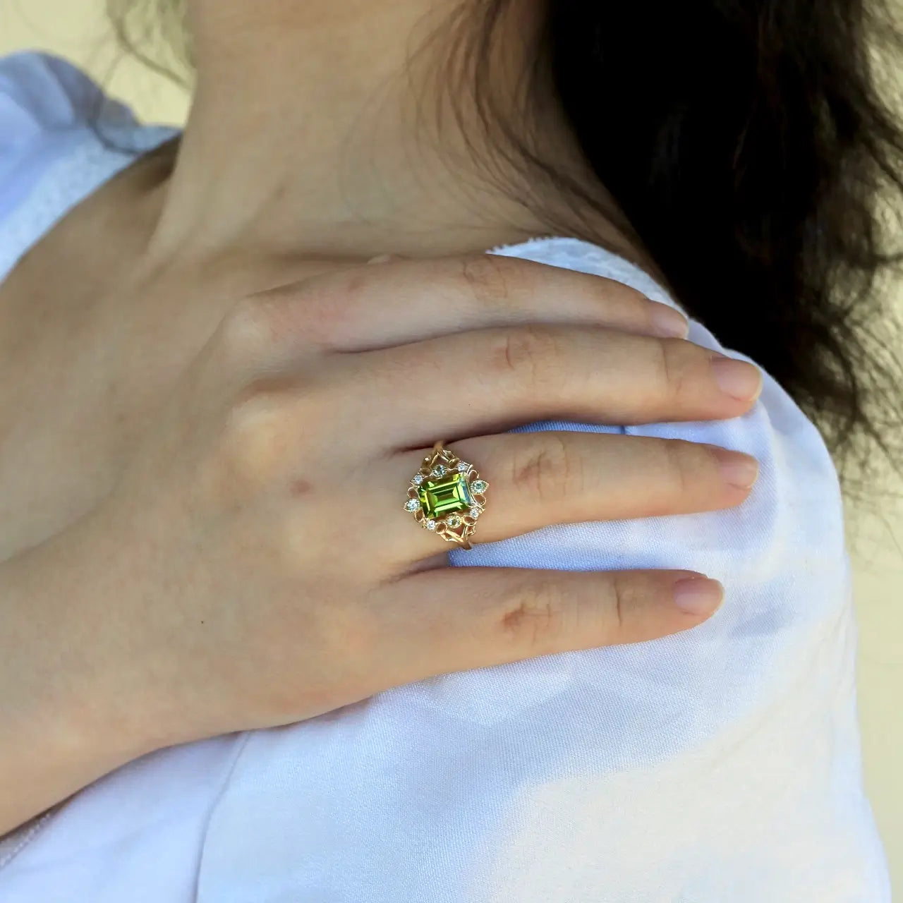 14k yellow gold green peridot emerald cut diamond ring