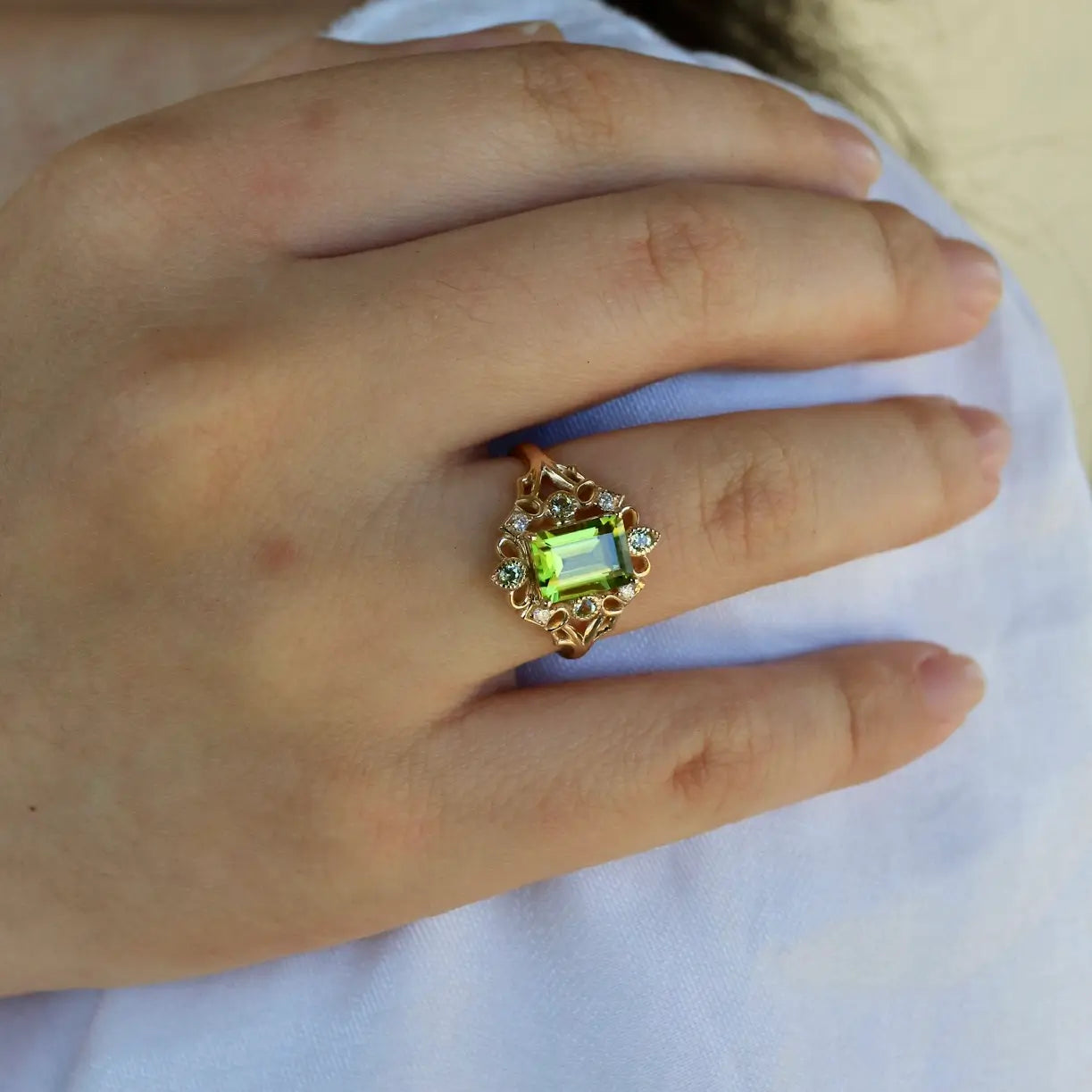 14k yellow gold green peridot cocktail ring