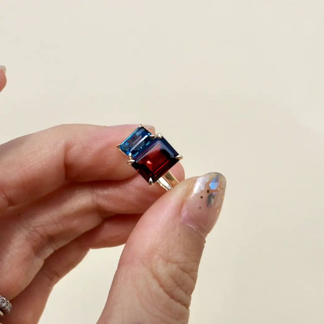 natural garnet topaz double gems gold ring