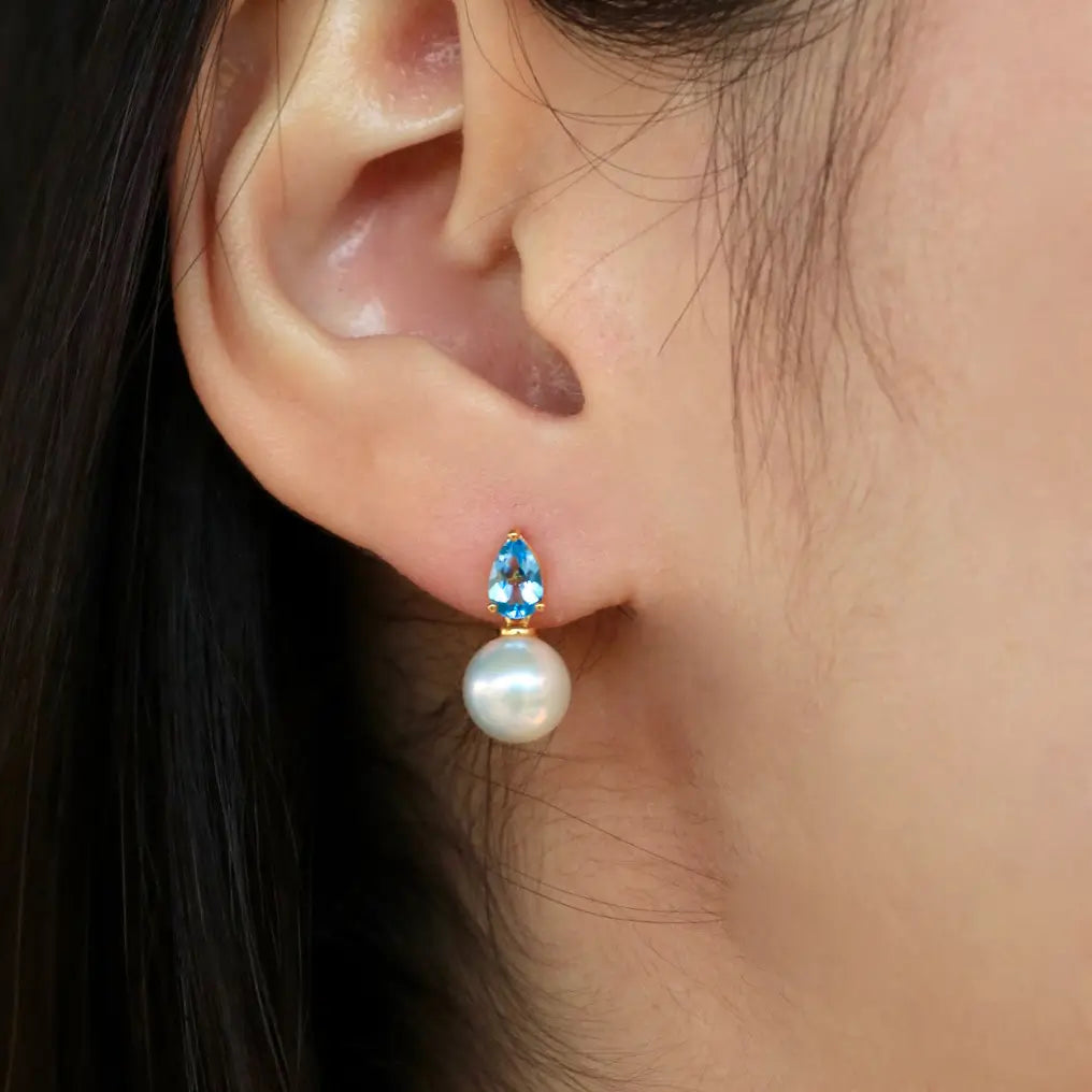 14k yellow gold natural blue topaz cultured pearl convertibe drop earrings 