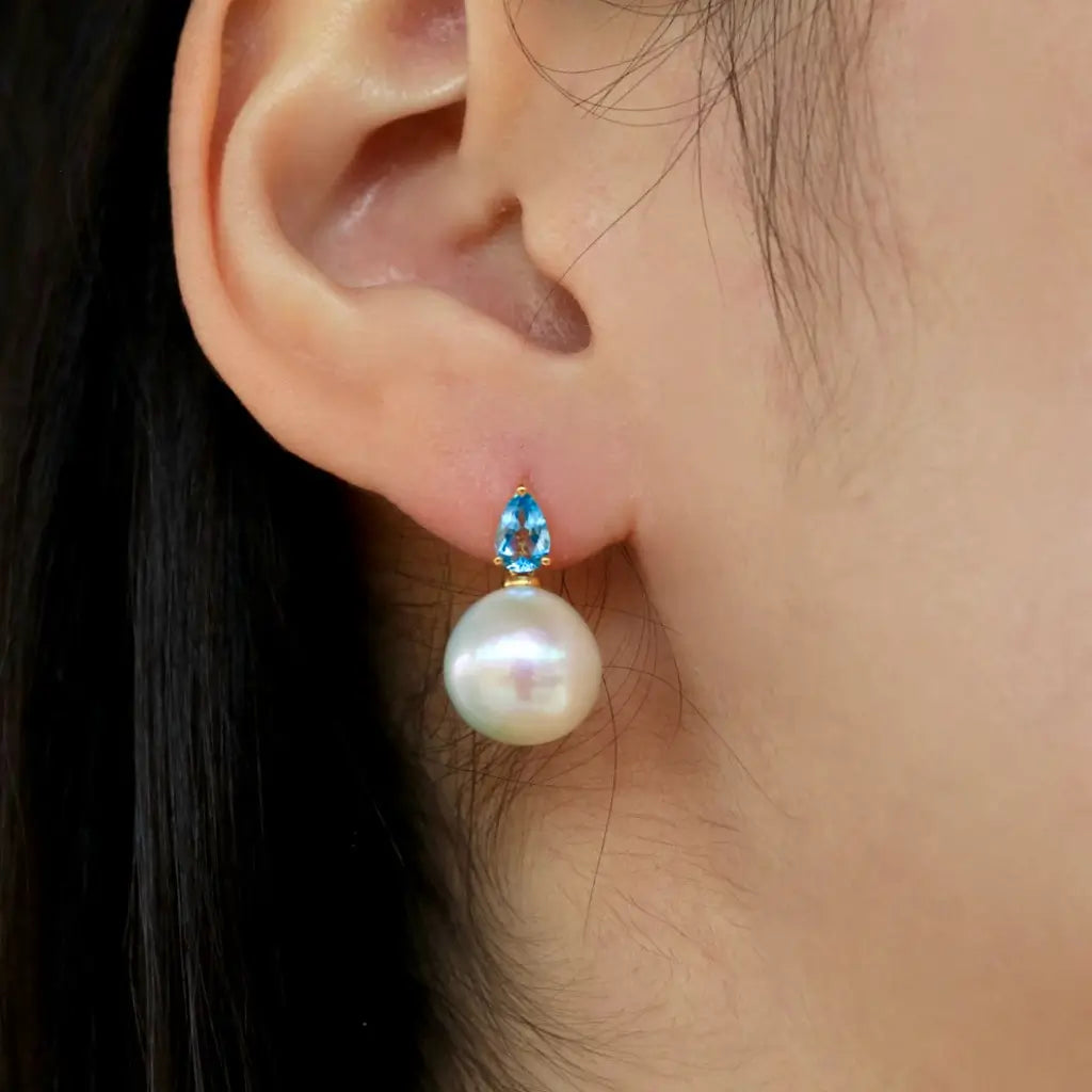 14k yellow gold Venus Tears Topaz 12-13mm Cultured Round Pearl Convertible Drop Earrings