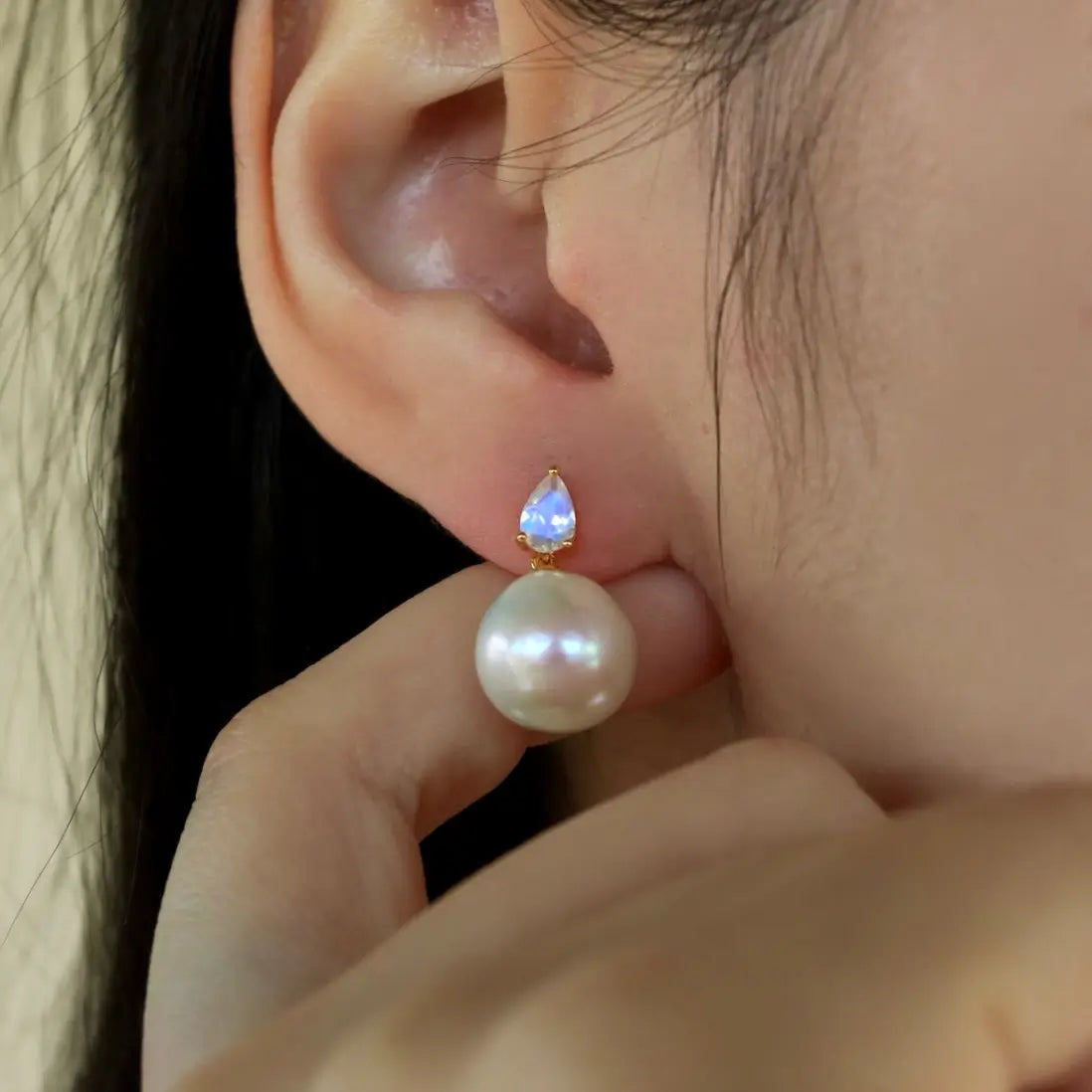 14k yellow gold Venus Tears Moonstone Round Cultured Pearl 12-13mm Convertible Drop Earrings