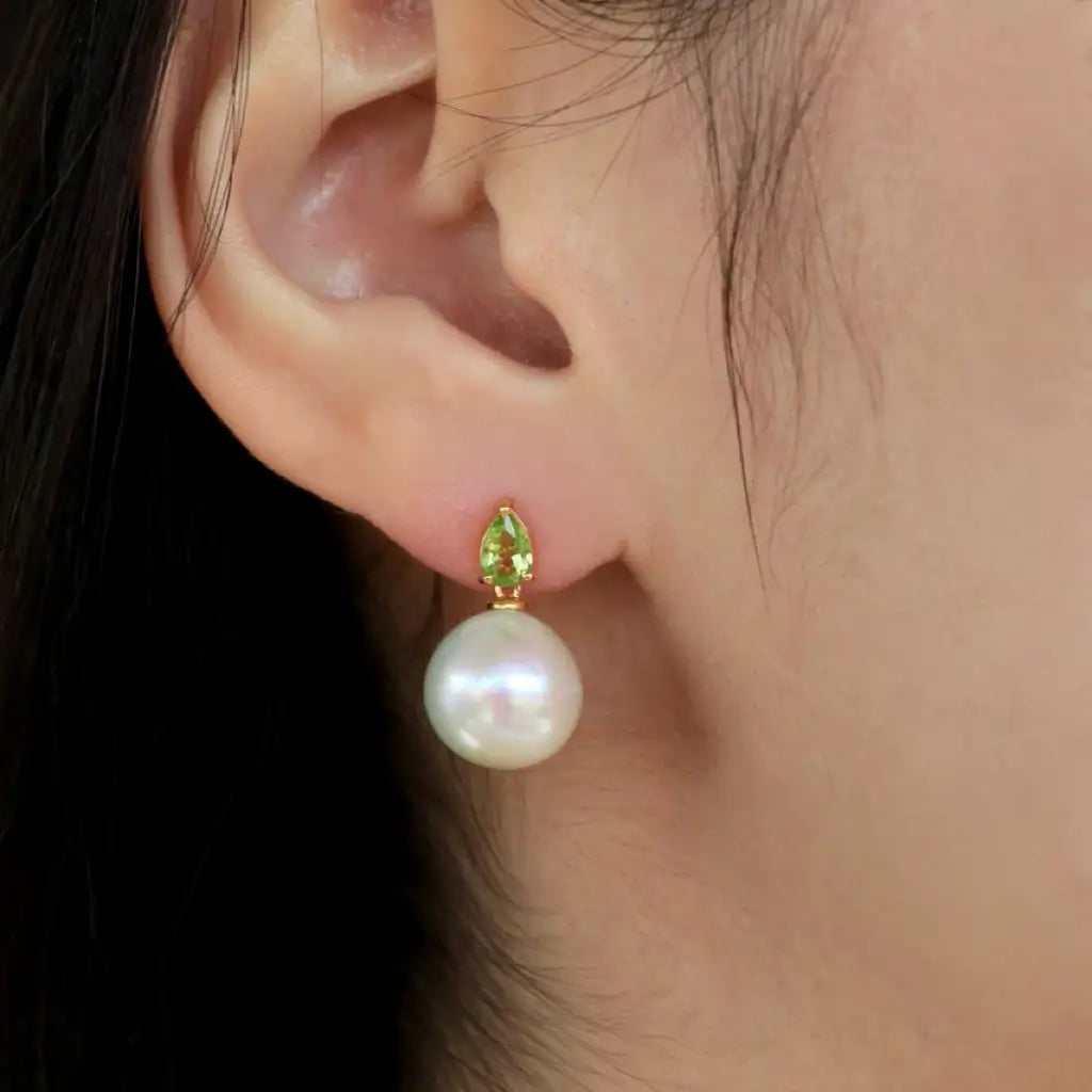 14k yellow gold Venus Tears Peridot 12-13mm Cultured Round Pearl Convertible Drop Earrings