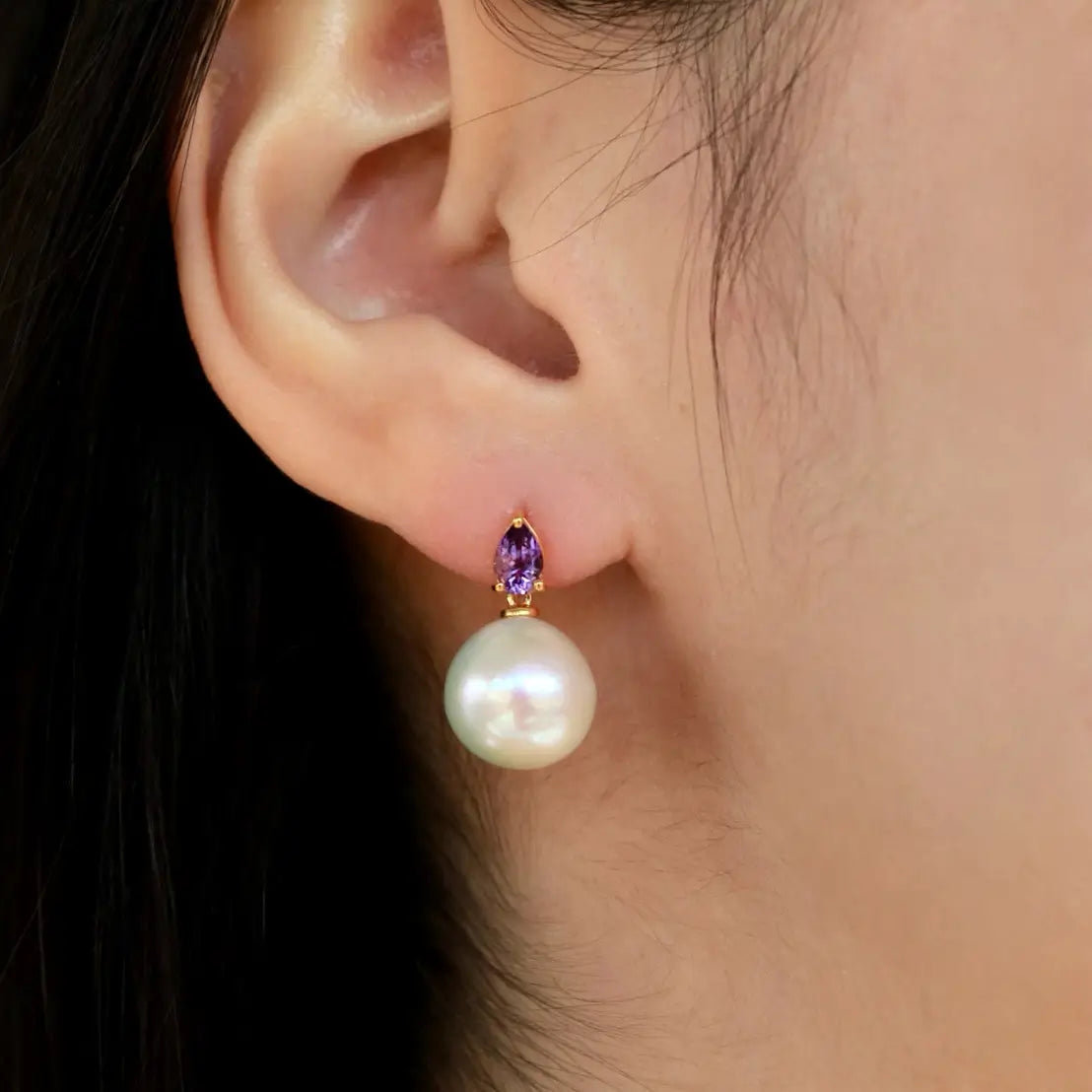 14k yellow gold Venus Tears Amethyst 12-13mm Freshwater Round Pearl Convertible Drop Earrings