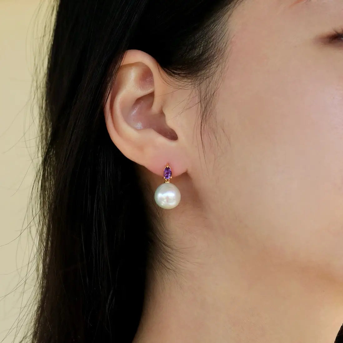 14k yellow gold Venus Tears Amethyst 12-13mm Freshwater Round Pearl Convertible Drop Earrings