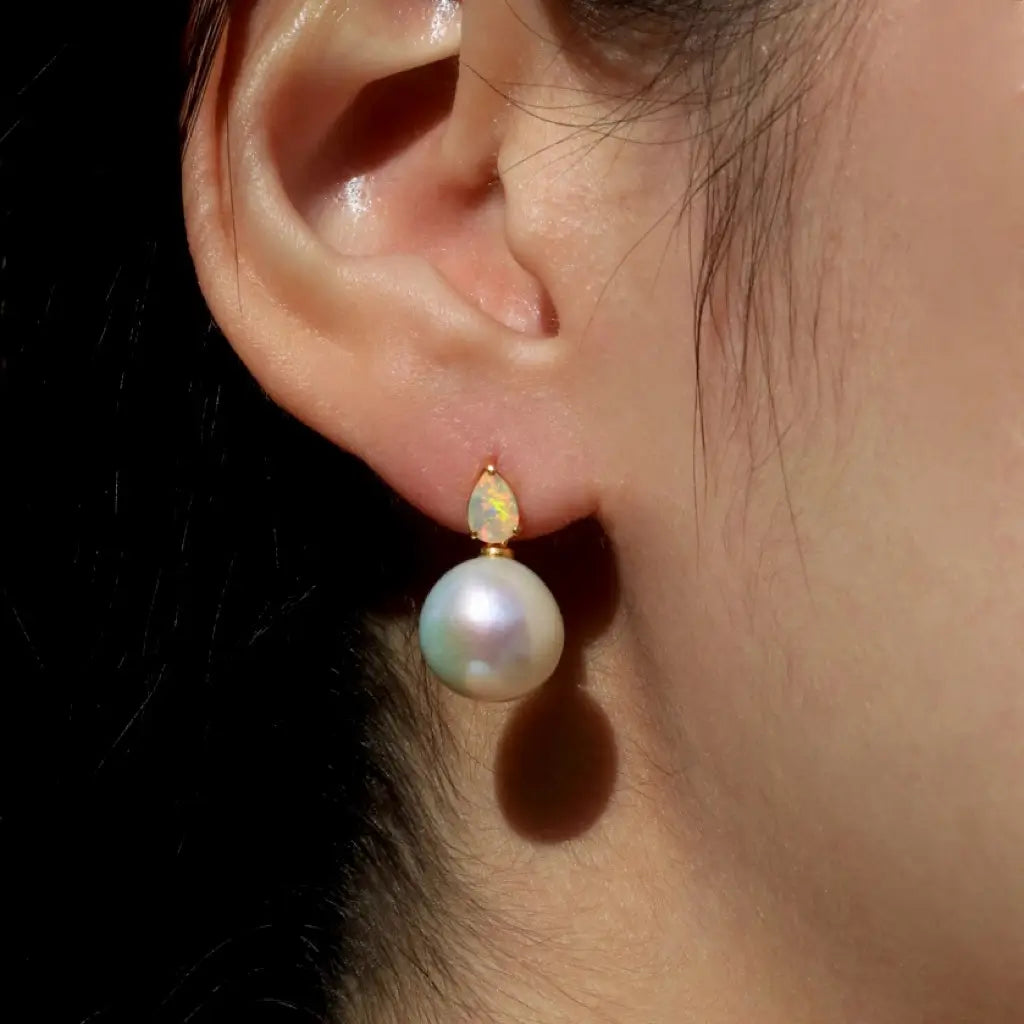 14k yellow gold Venus Tears Fire Opal 12-13mm Cultured Round Pearl Convertible Drop Earrings
