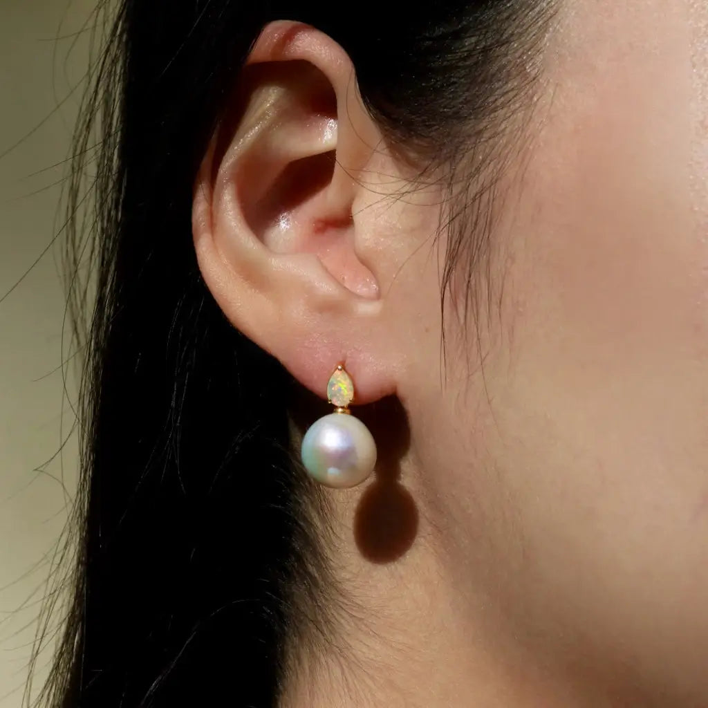 14k yellow gold Venus Tears Fire Opal 12-13mm Cultured Round Pearl Convertible Drop Earrings