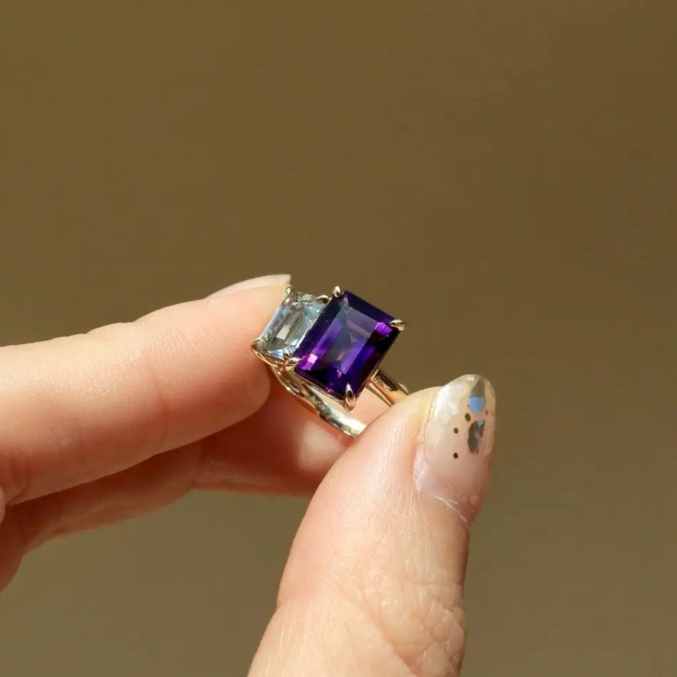 natural purple amethyst sky blue gold ring