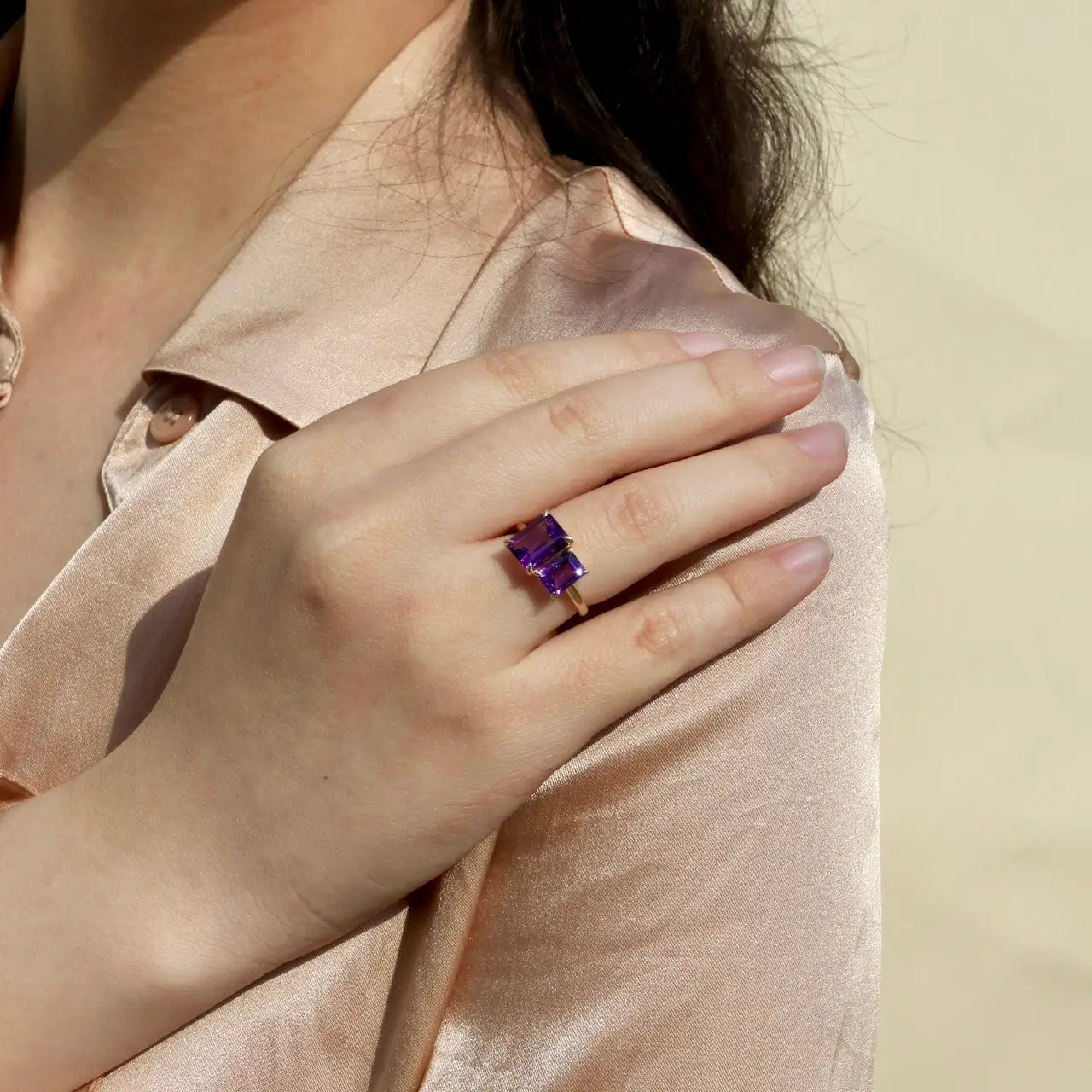 14k gold emerald cut amethyst ring