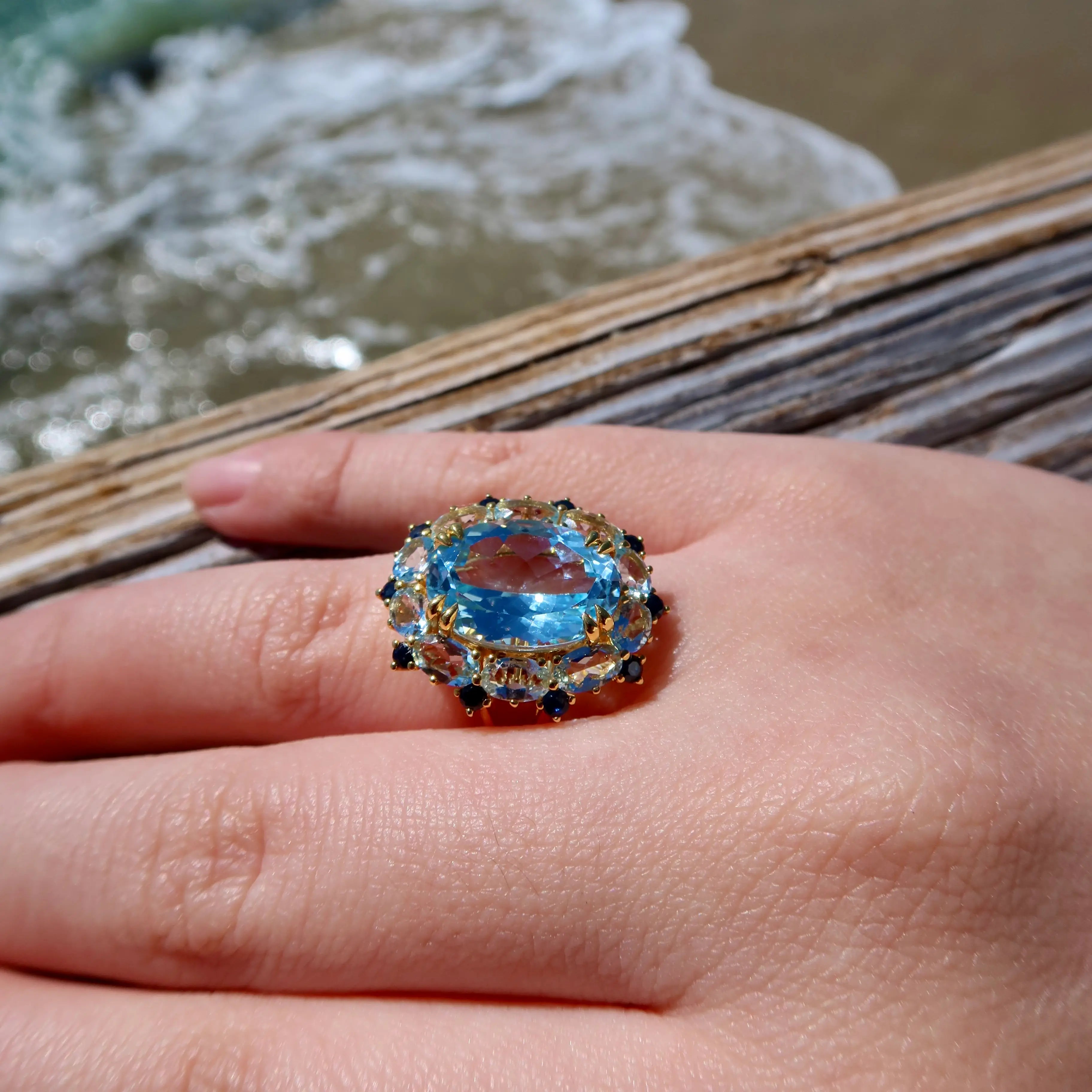 Mira Blue Topaz Aquamarine Sapphire Cluster Ring