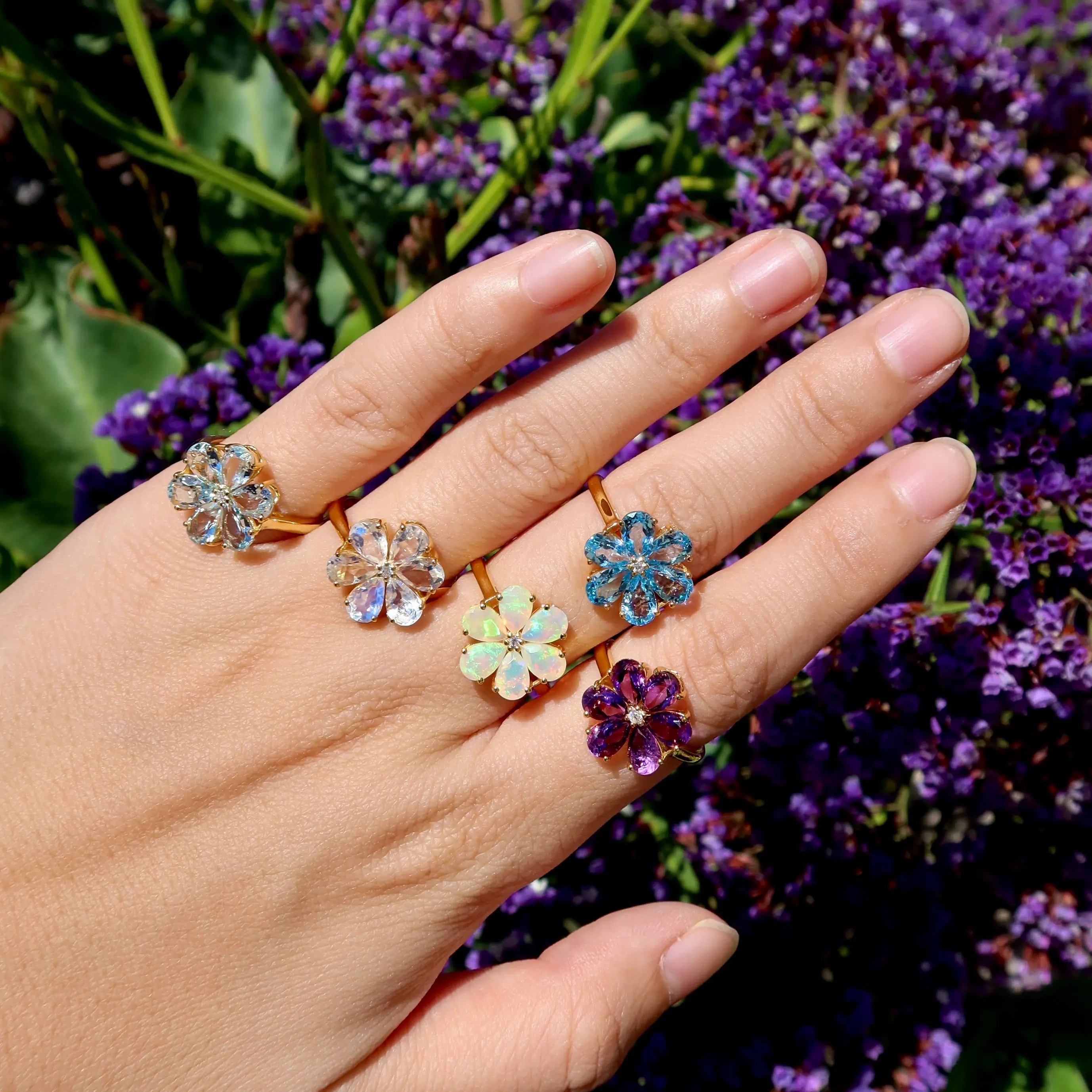 kai fine jewelry natural gemstones flower blossom colorful rings in 14k Solid Gold yellow gold 