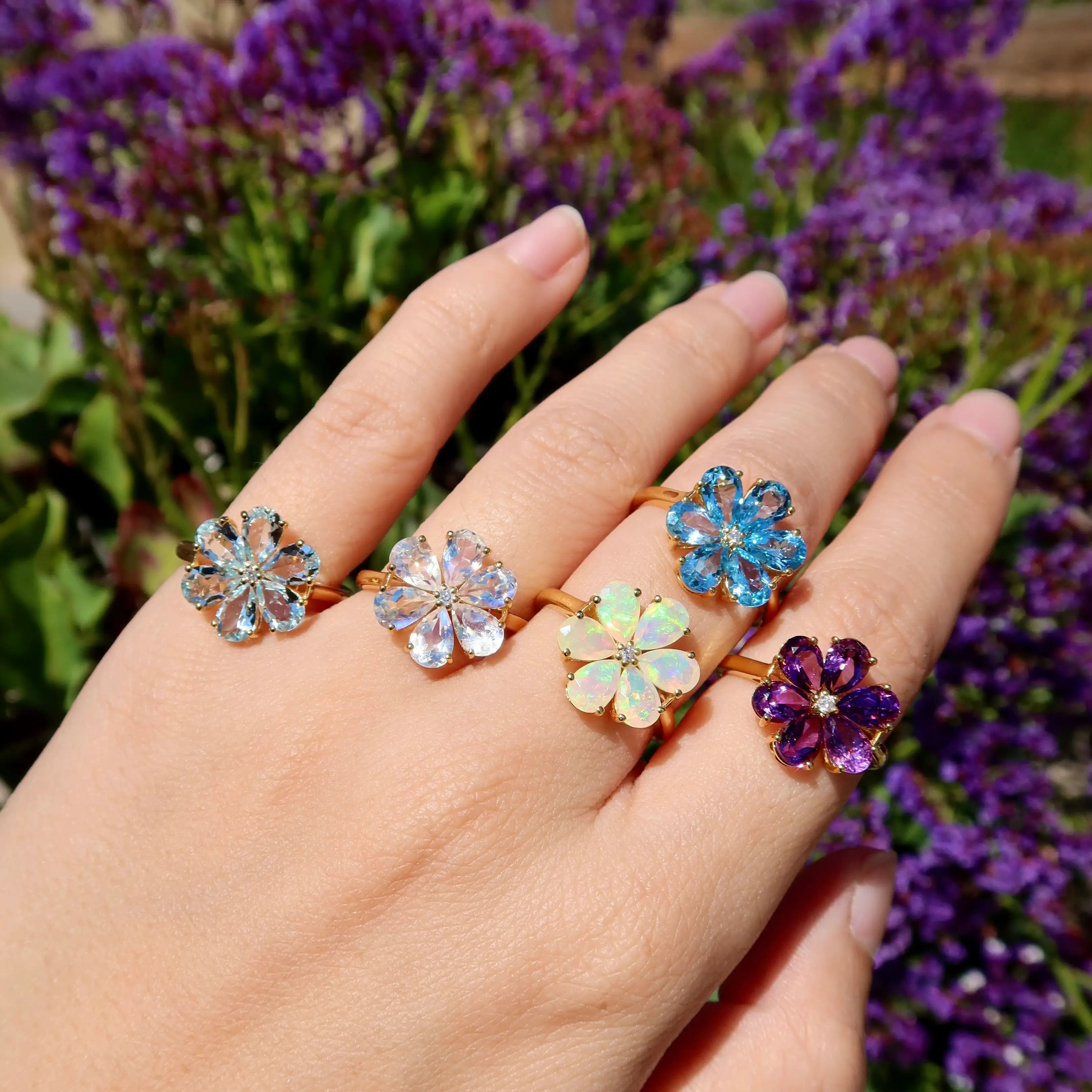 Flora Blossom Natural Colorful Gemstone Diamond Ring 14k yellow gold 