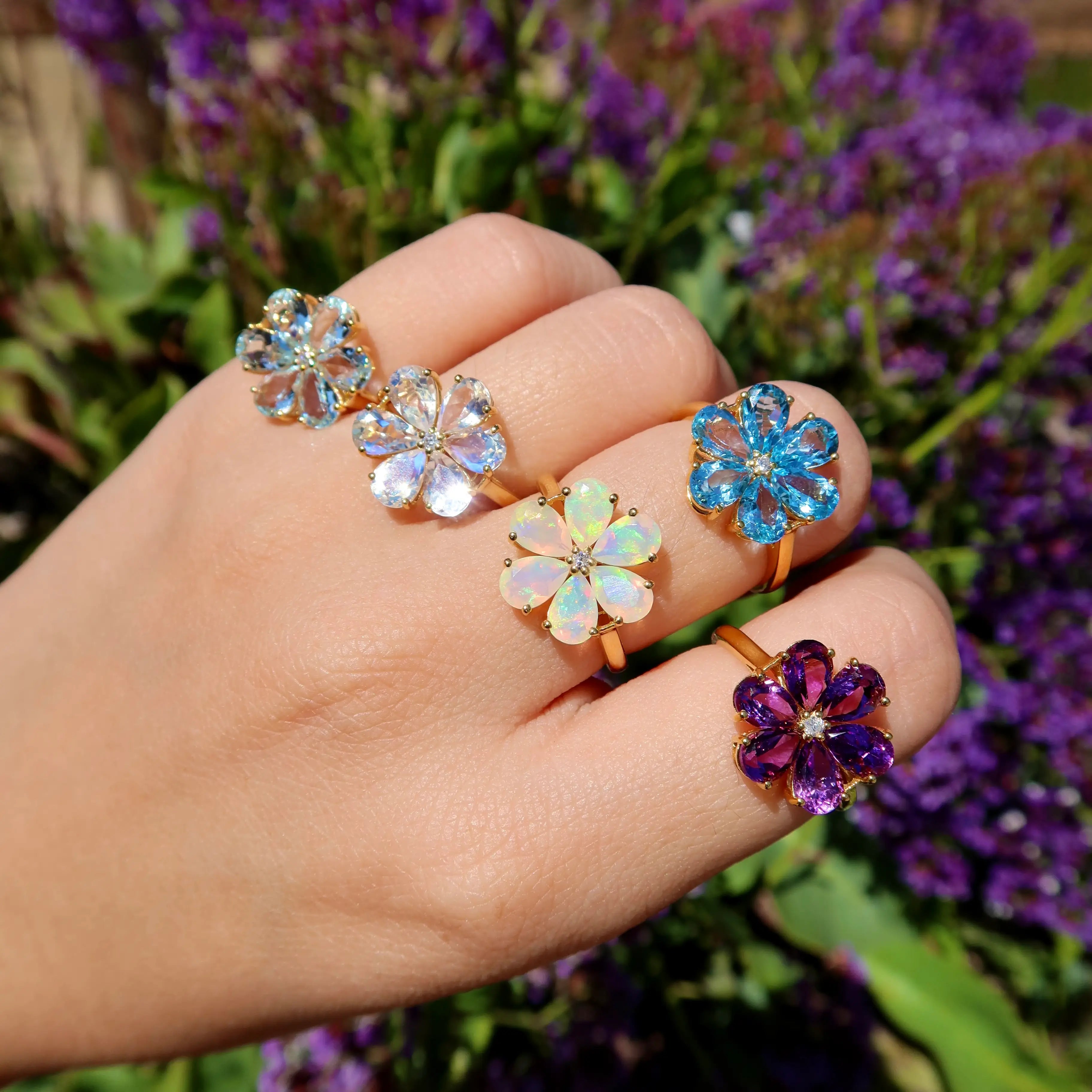 kai fine jewelry natural gemstones flower blossom colorful rings in 14k Solid Gold yellow gold 