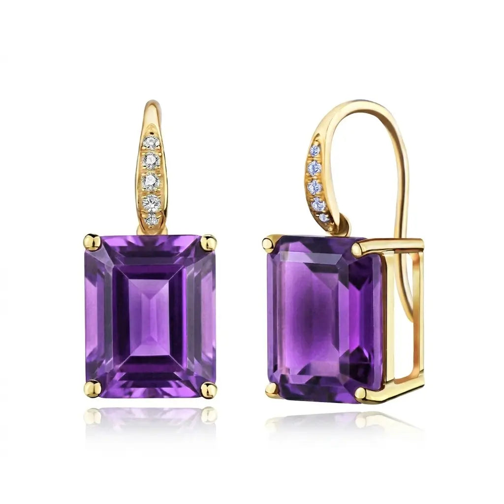 Radiant Natural Emerald-Cut Amethyst Diamond Drop Earrings 14k yellow gold