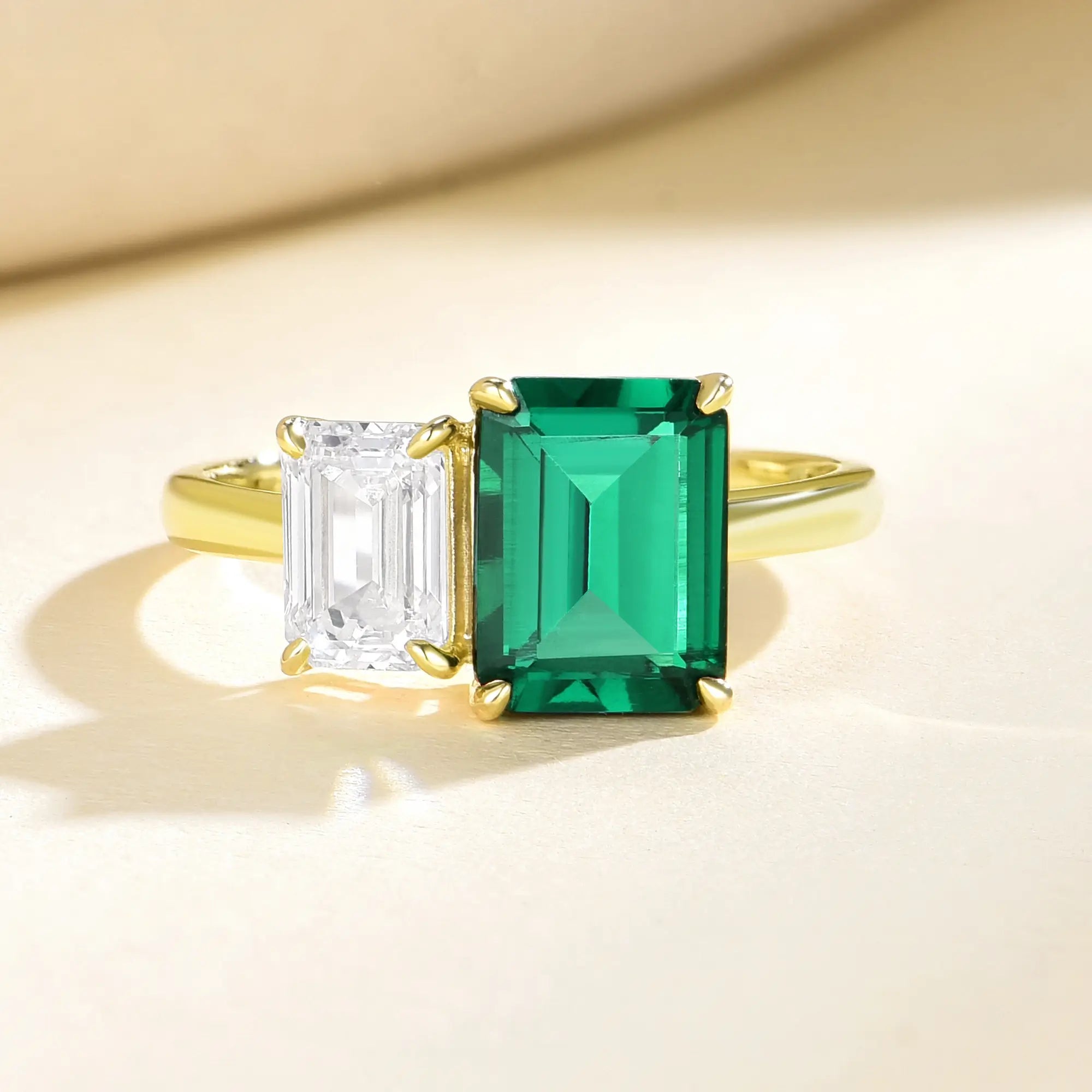 14K Yellow Gold Fortune Lab Grown Emerald & Diamond Toi et Moi Ring