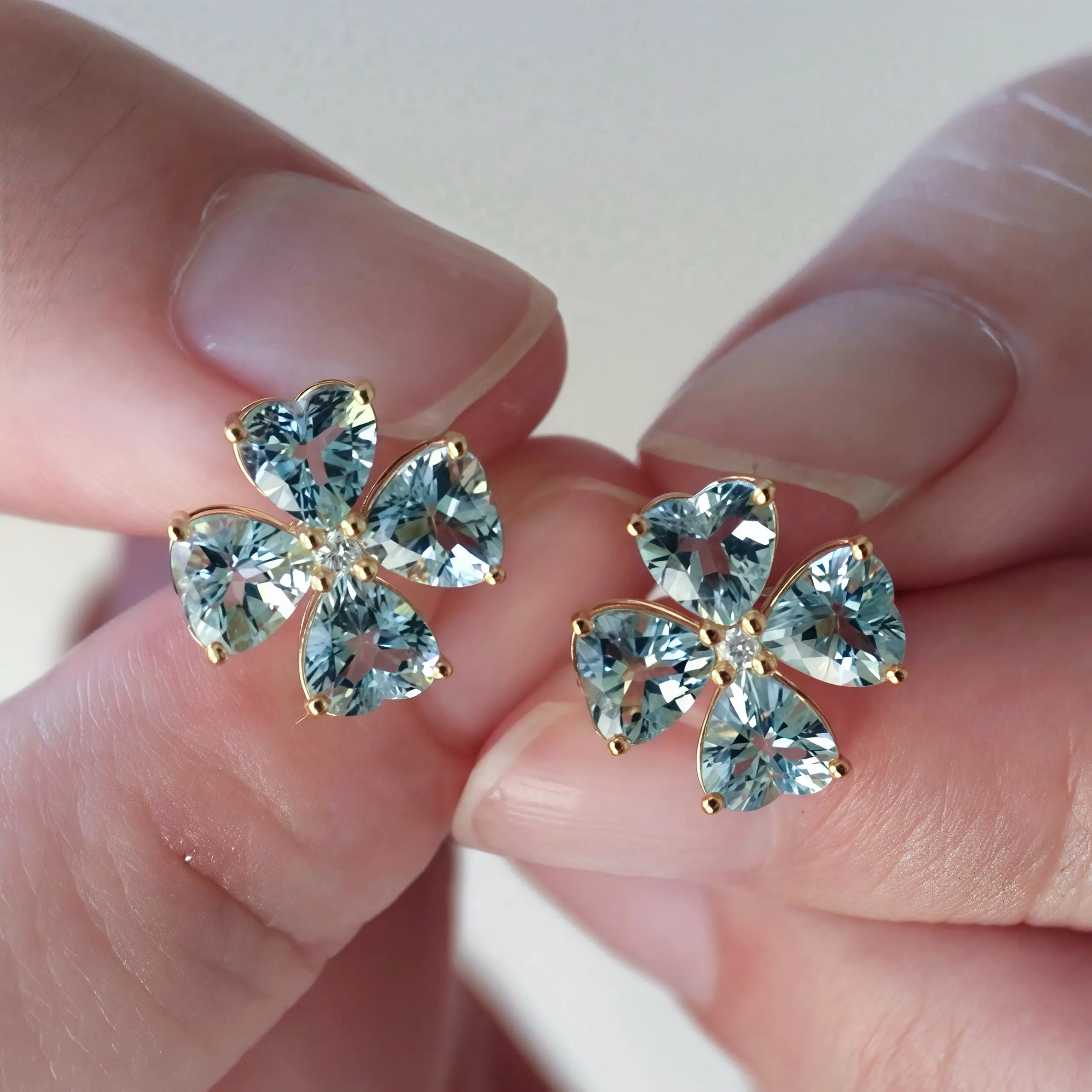 Felicia Natural heart Aquamarine Diamond Clover Earrings in 14k yellow gold