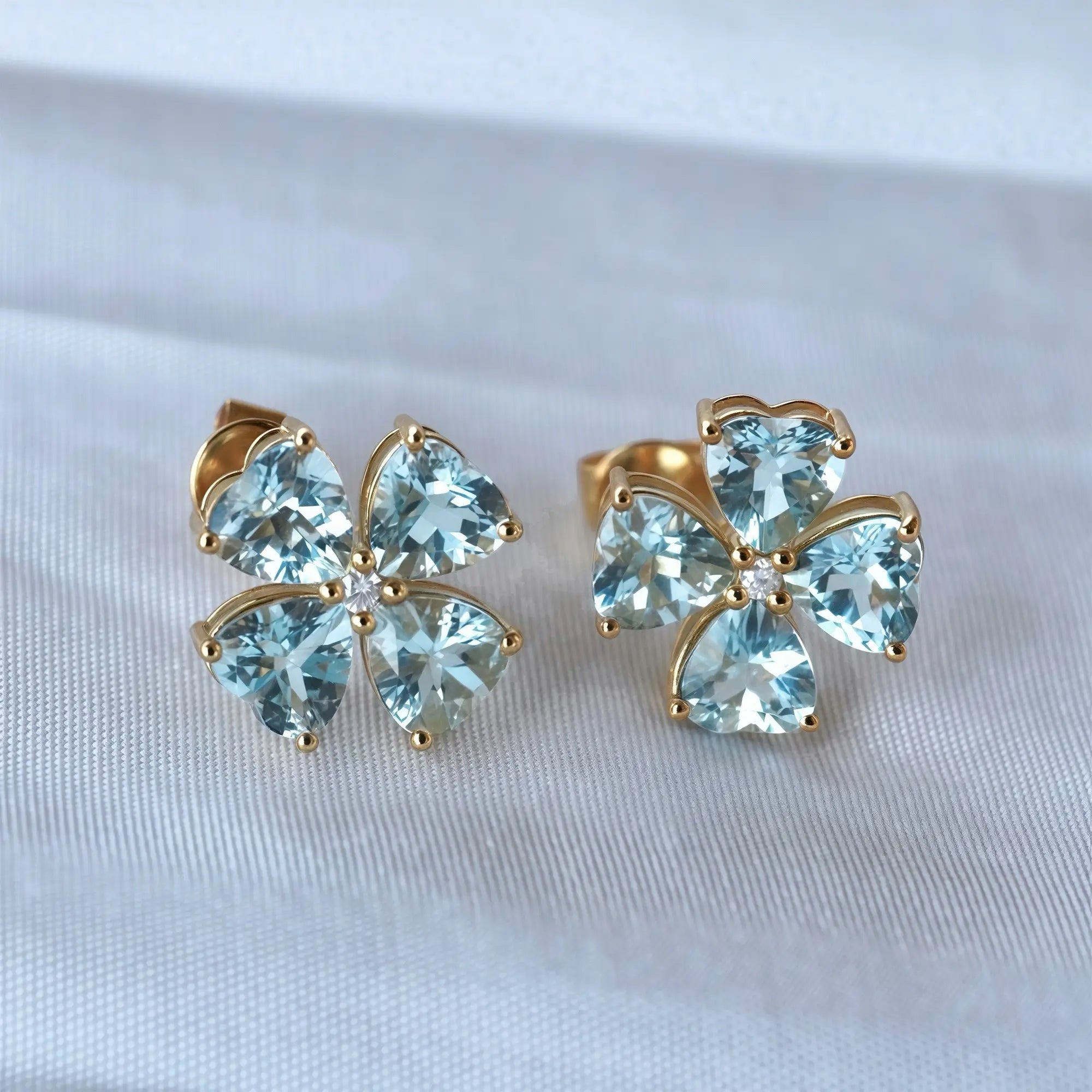 Felicia Natural heart Aquamarine Diamond Clover Earrings in 14k yellow gold