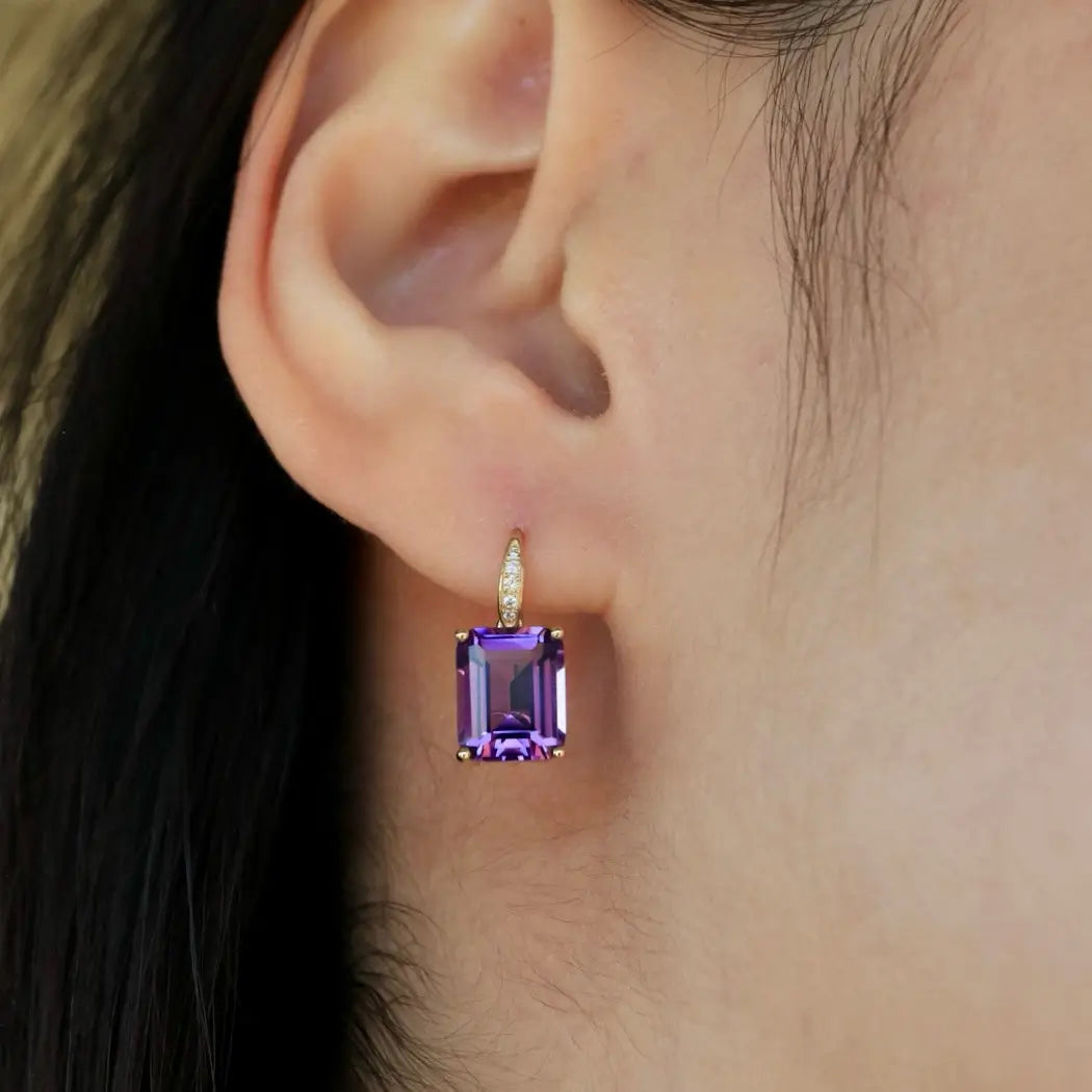 Radiant Emerald-Cut Amethyst Diamond Drop Earrings