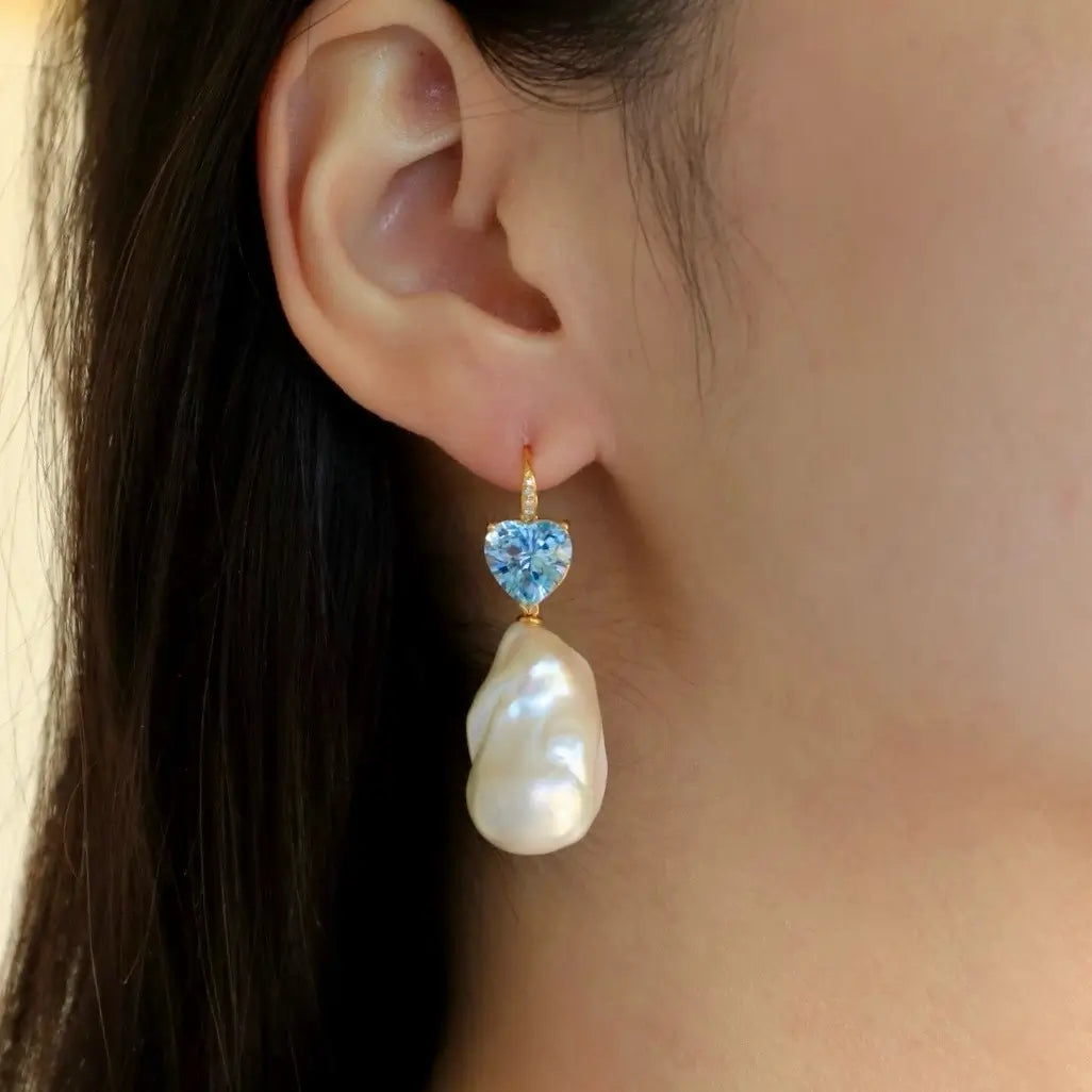 Radiant Heart Topaz Diamond Baroque Pearl Convertible Drop Earrings