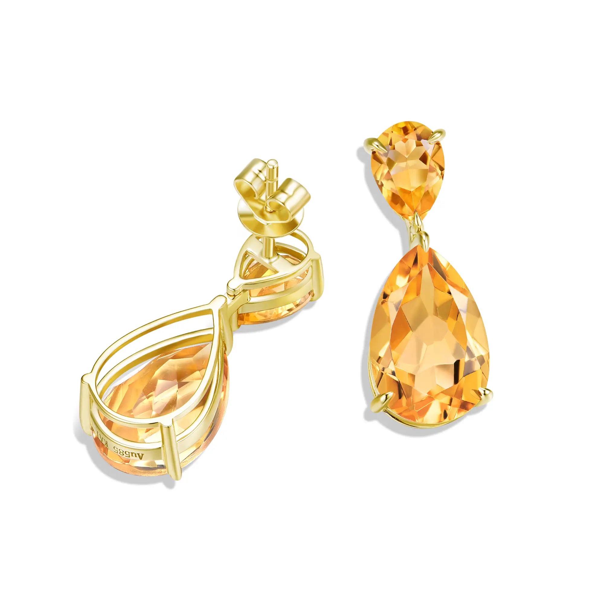 Duet Natural 7.20ctw Pear Citrine Drop Earrings in 14k solid gold