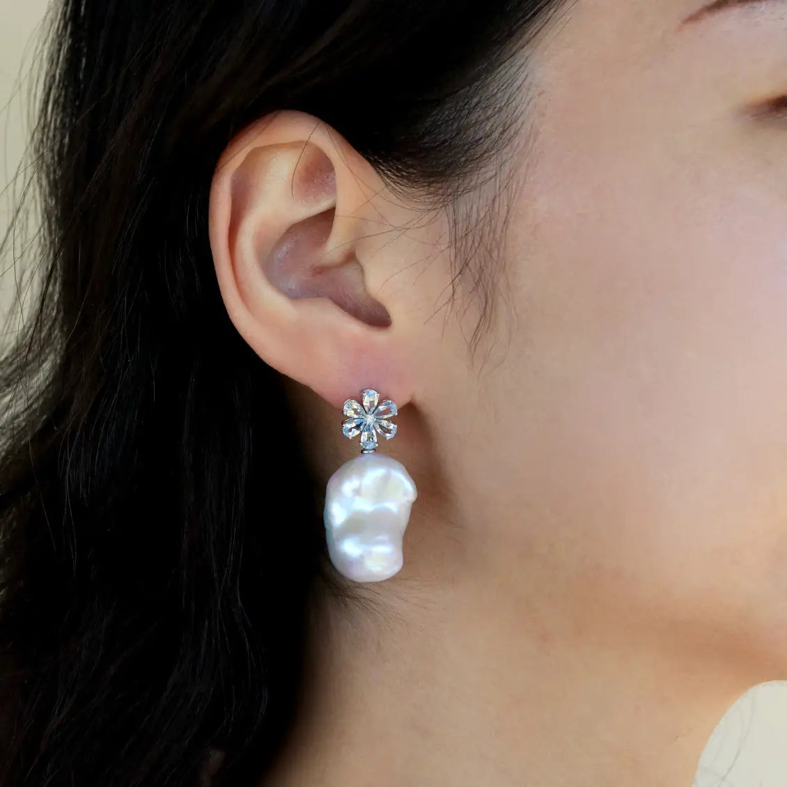 Flora Blossom Aquamarine Diamond Baroque Pearl Convertible Drop Earrings