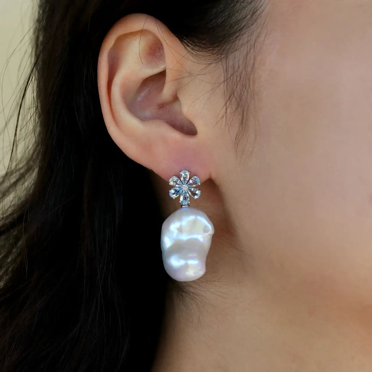 Flora Blossom Aquamarine Diamond Baroque Pearl Convertible Drop Earrings