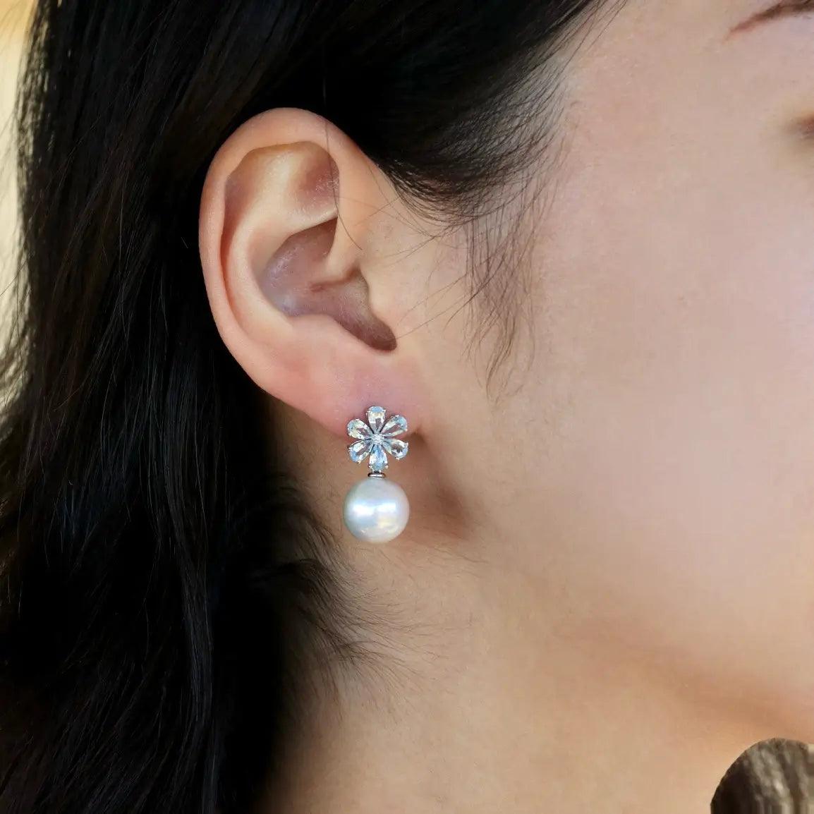 Flora Blossom Aquamarine Diamond Pearl Convertible Drop Earrings