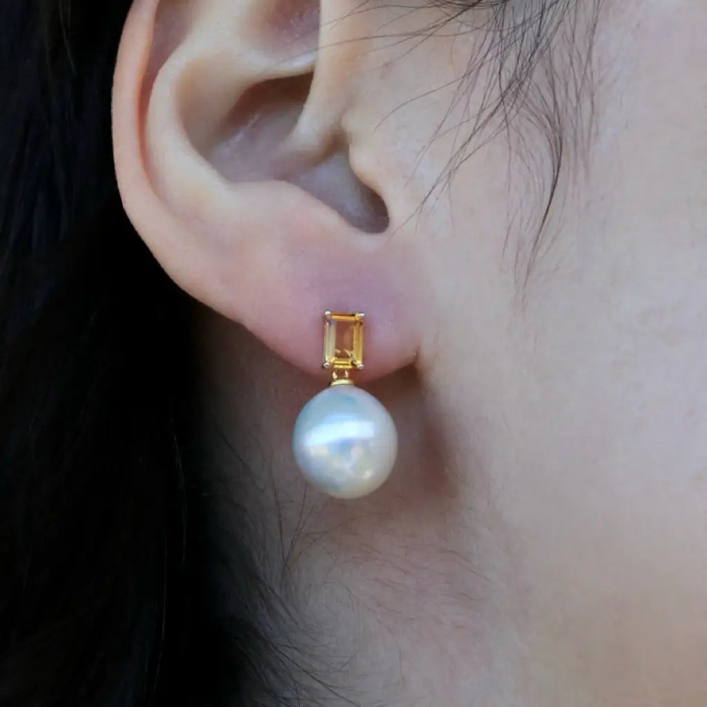 14k solid gold citrine cultured round baroque pearl convertible drop earrings 