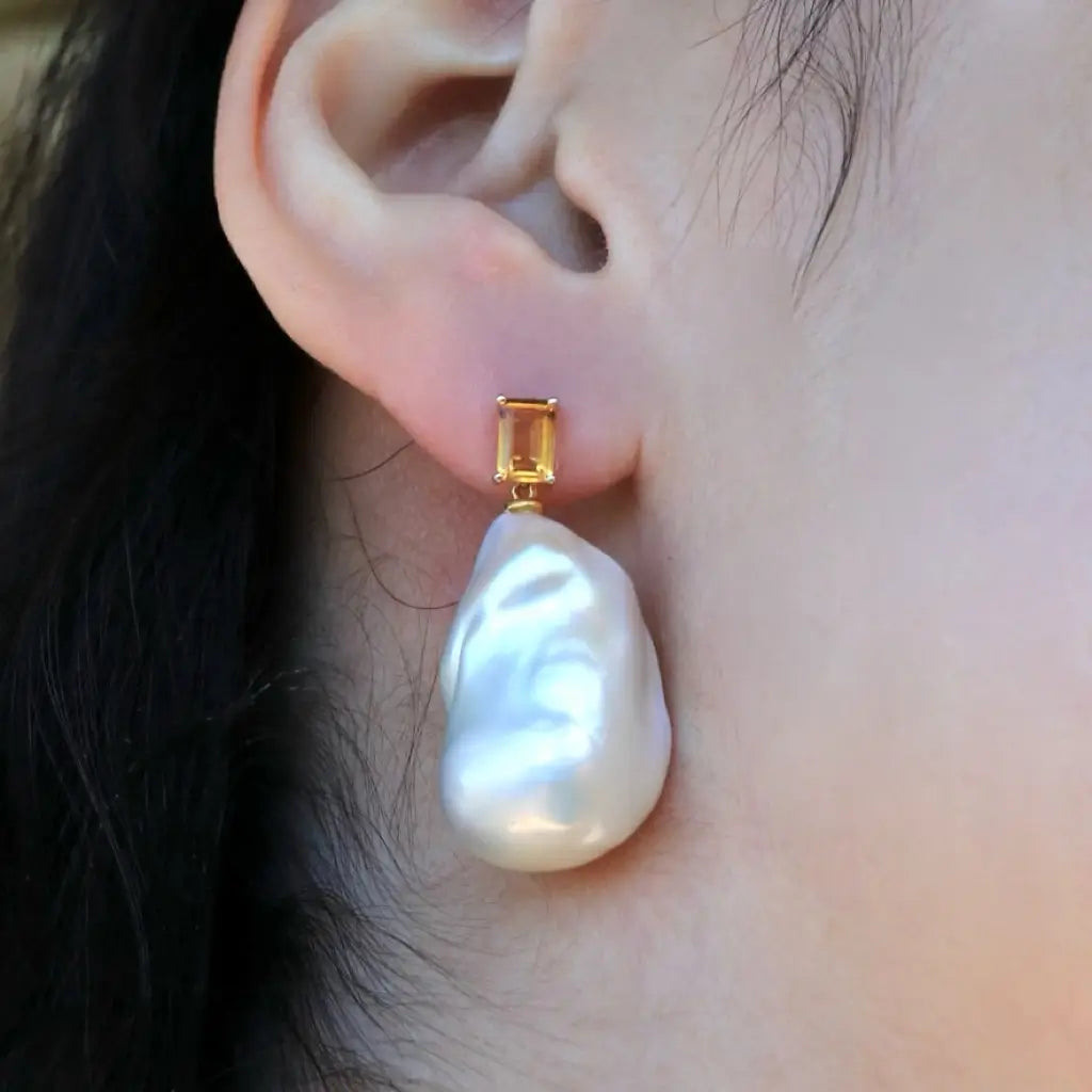 baroque pearl citrine convertible drop earrings in 14k yellow gold