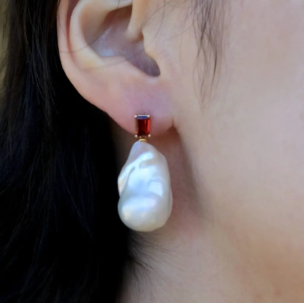 14k yellow gold emerald-cut red natural garnet cultured baroque pearl convertible drop earrings