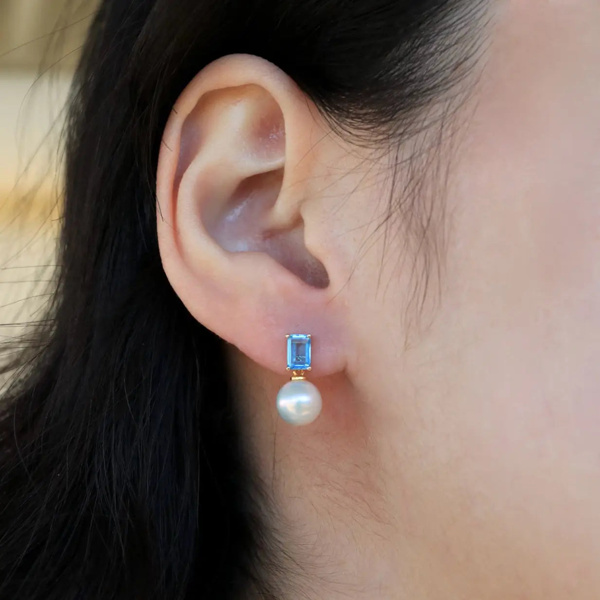 14k yellow gold natural blue topaz emerald cut cultured pearl drop earrings