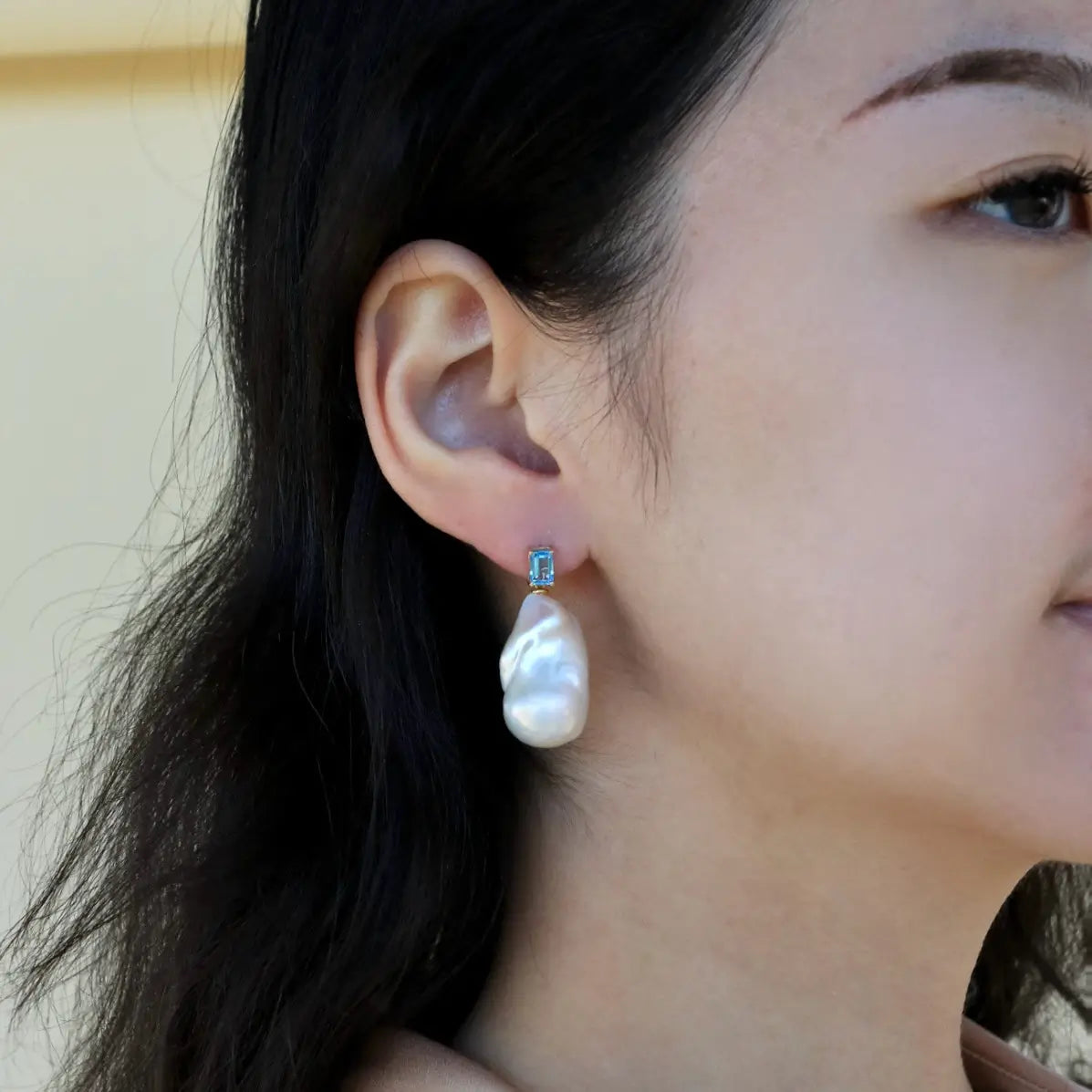 14k yellow gold natural blue topaz baroque pearl convertible drop earrings