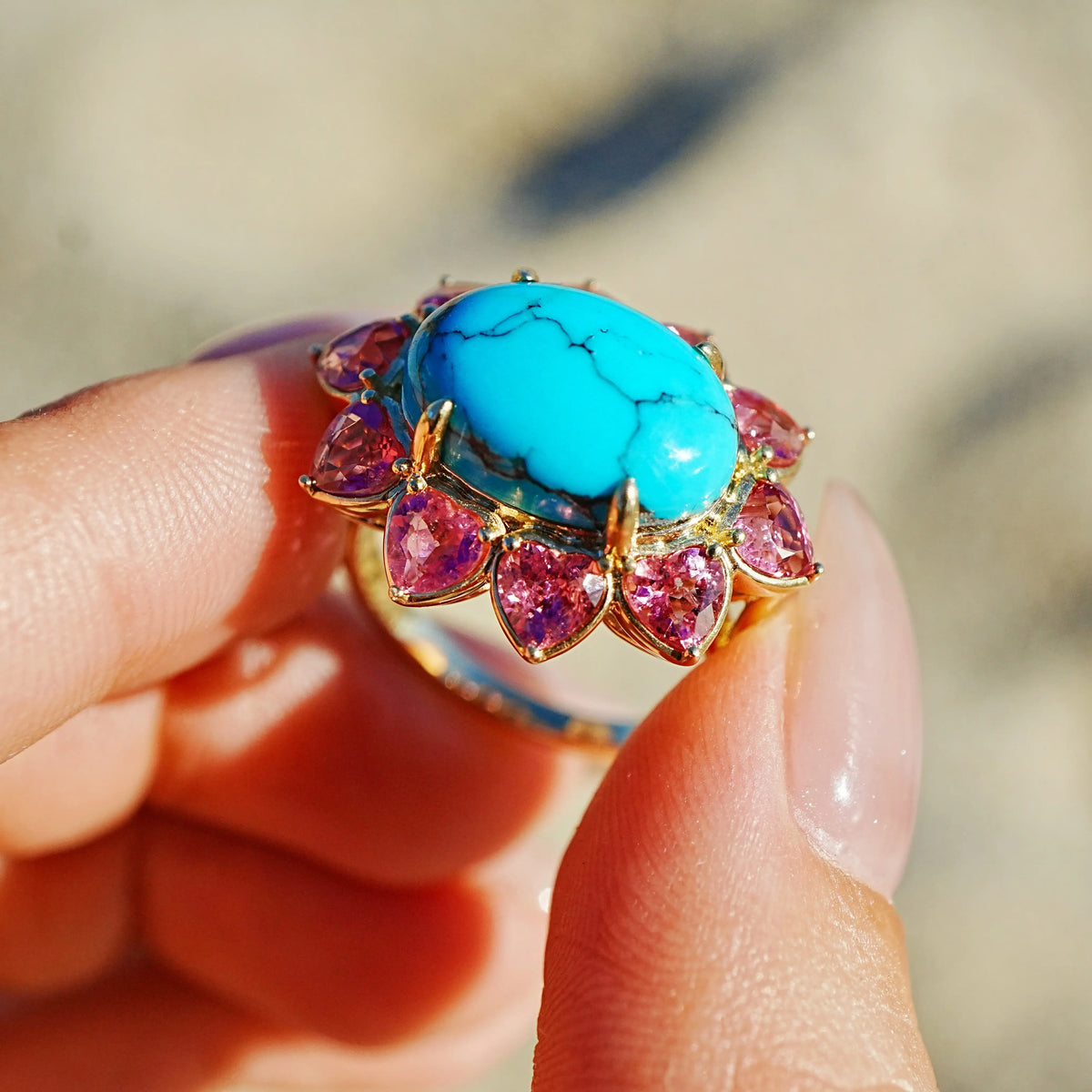 14k yellow gold Bloom Halo 6.15 ctw Natural Turquoise & Pink Tourmaline East-West Ring (One-of-a-Kind)